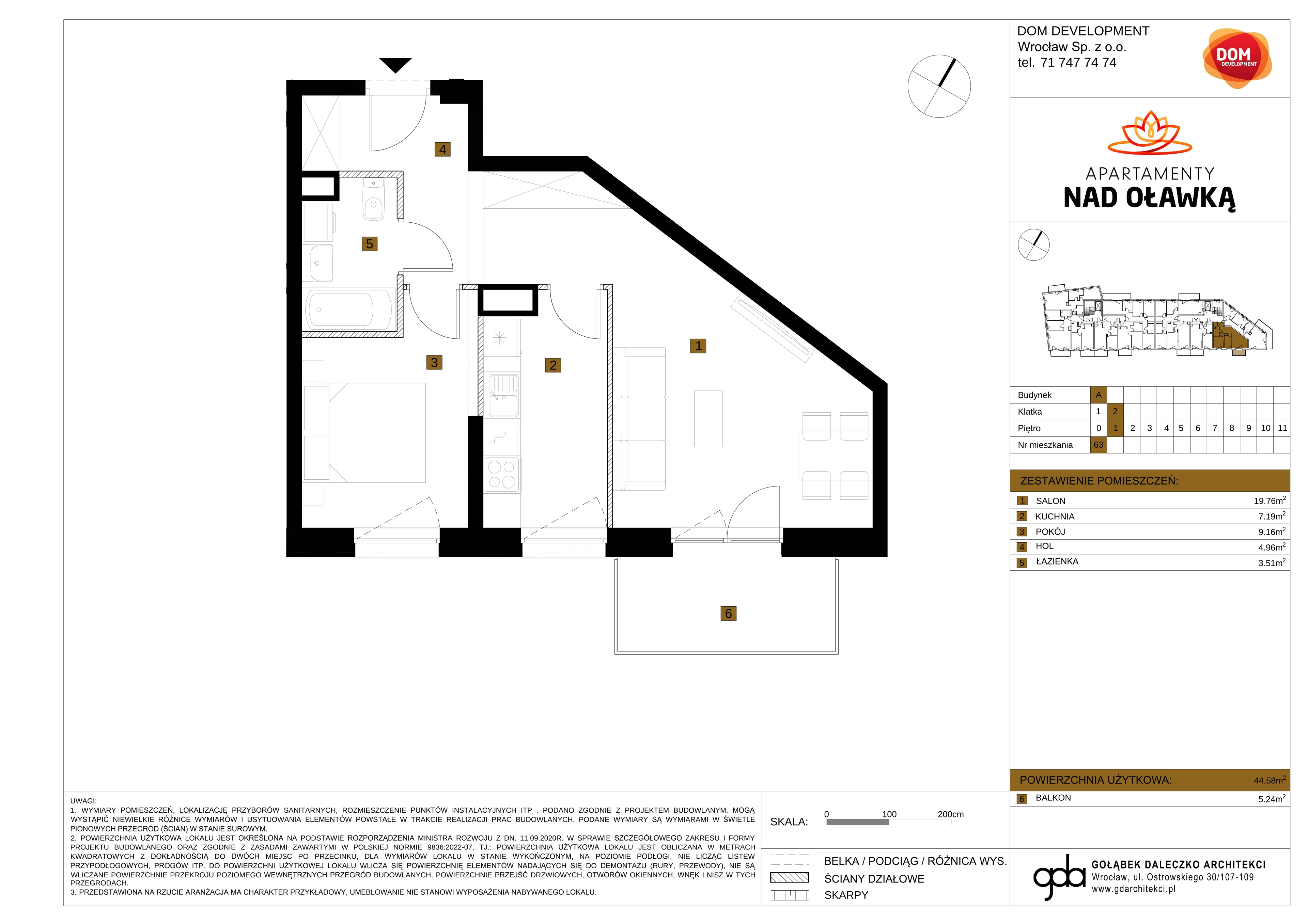 2 pokoje, mieszkanie 44,58 m², piętro 1, oferta nr A/63, Apartamenty nad Oławką, Wrocław, Przedmieście Oławskie, Krzyki, ul. Krakowska 98