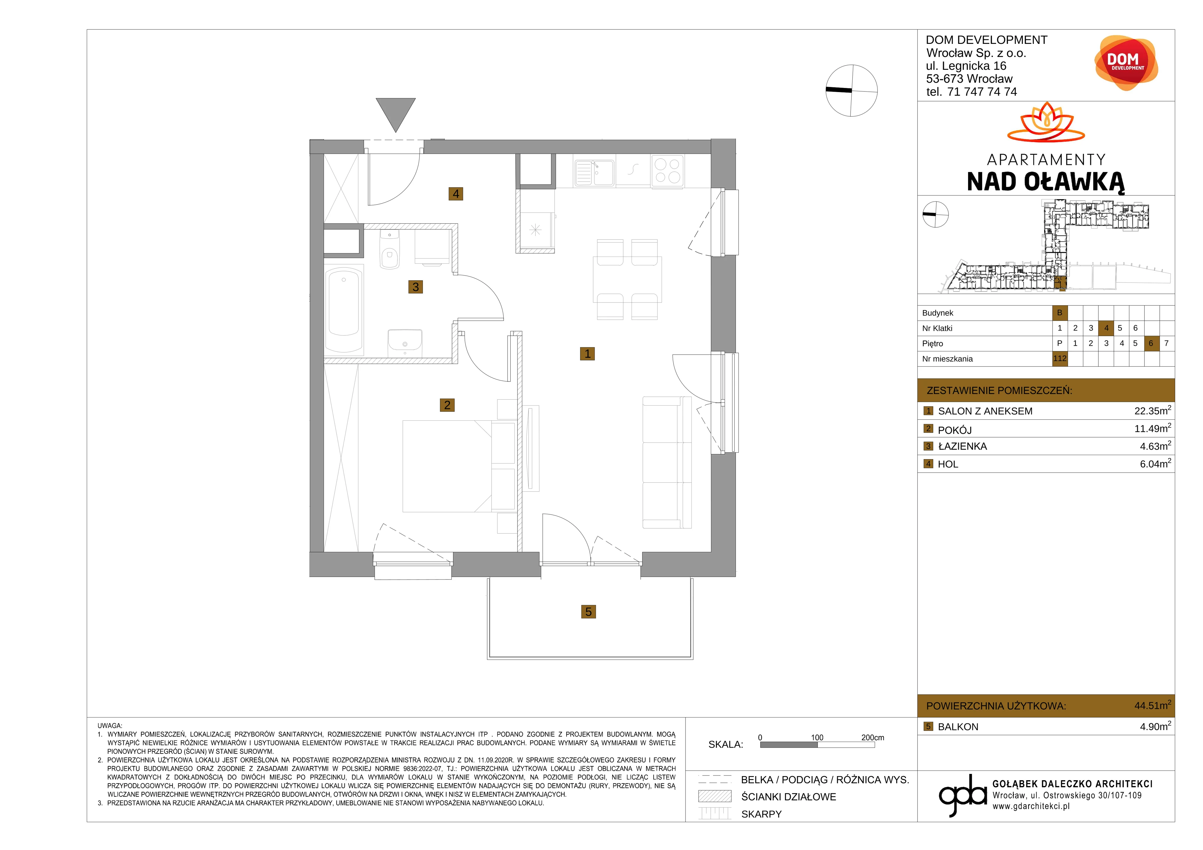 Mieszkanie 44,51 m², piętro 6, oferta nr B/112, Apartamenty nad Oławką 2, Wrocław, Przedmieście Oławskie, Krzyki, ul. Krakowska 98a