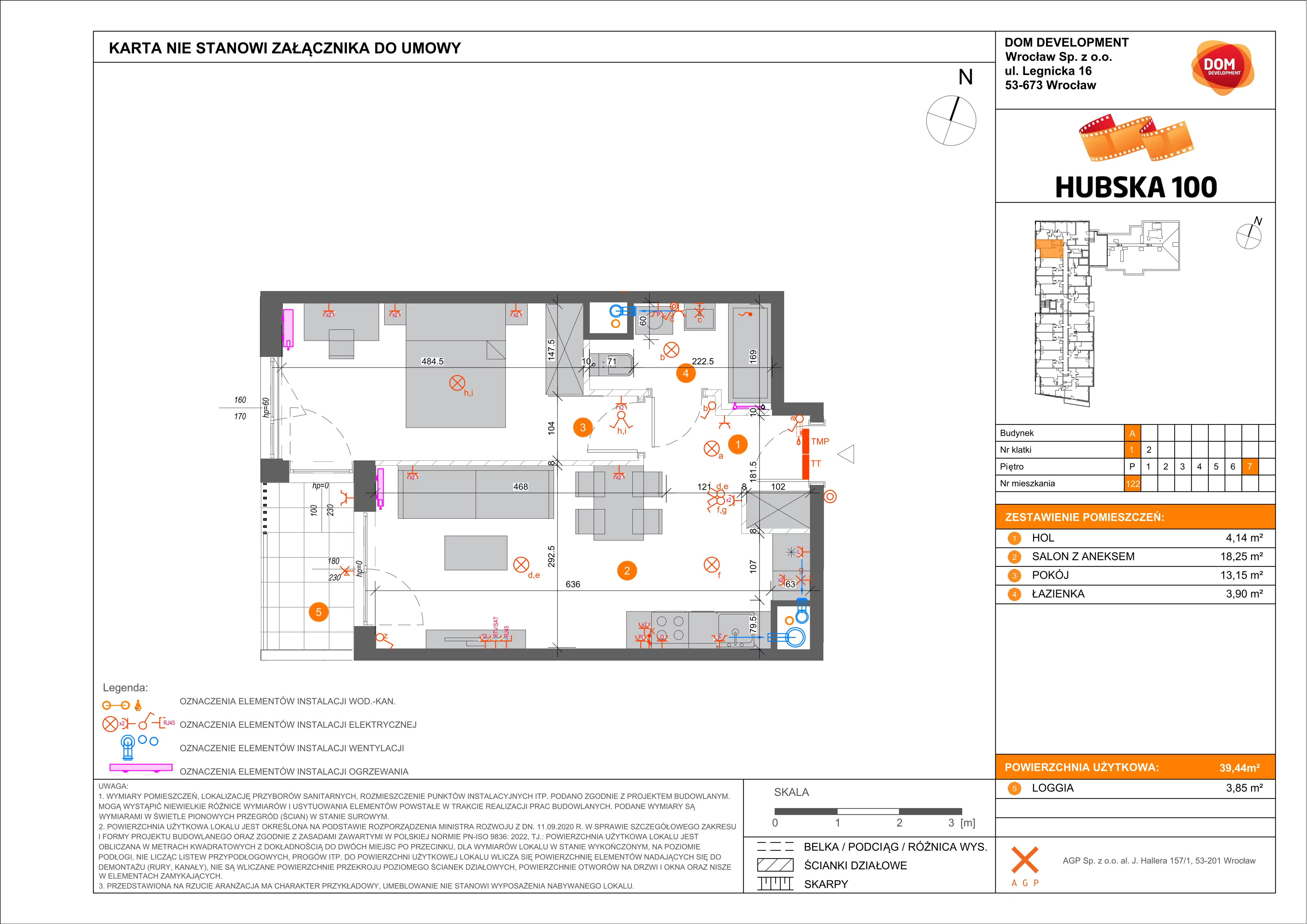 2 pokoje, mieszkanie 39,44 m², piętro 7, oferta nr A/122, Hubska 100 etap 2, Wrocław, Huby, Krzyki, ul. Hubska 100