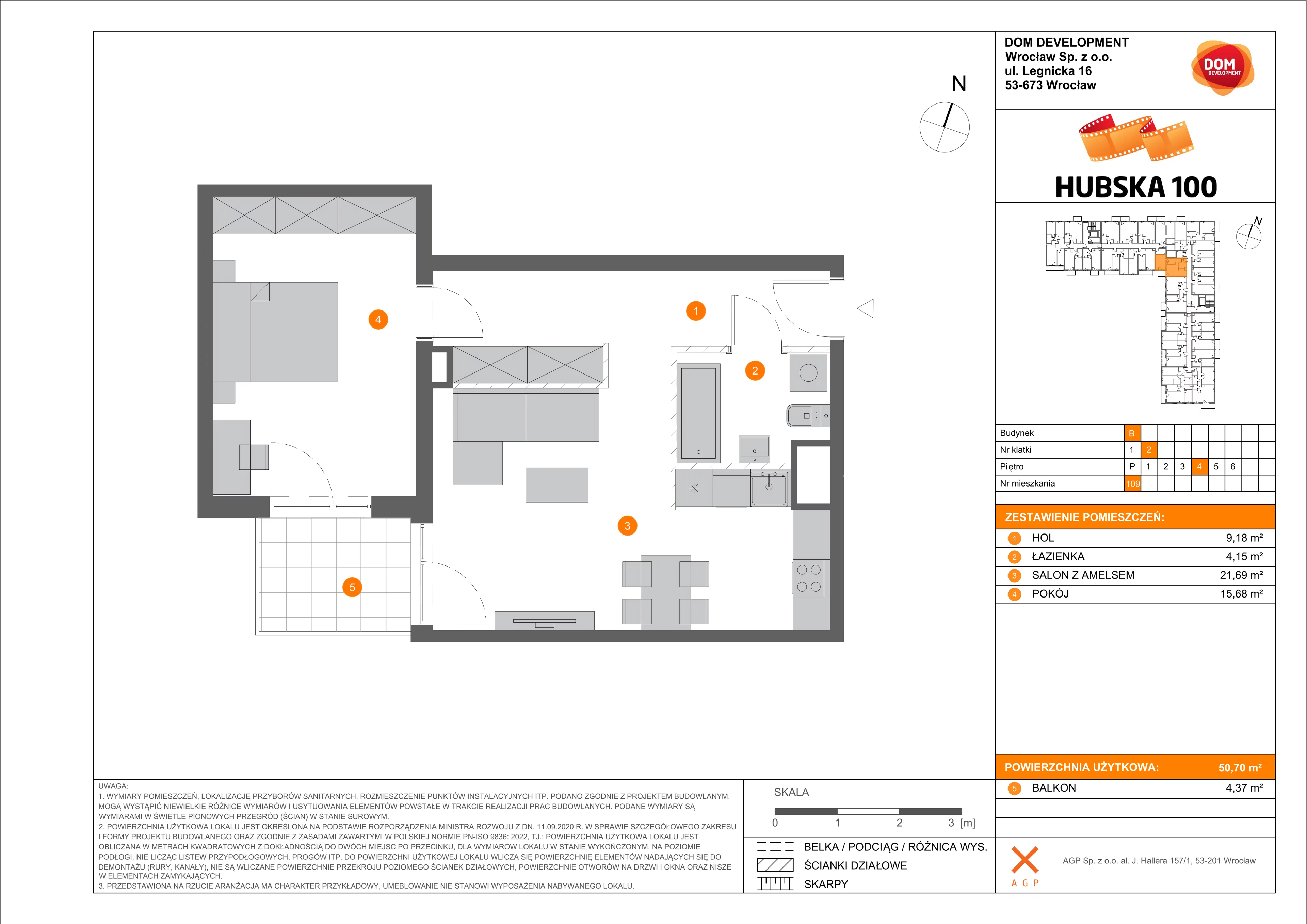 2 pokoje, mieszkanie 50,70 m², piętro 4, oferta nr B/109, Hubska 100, Wrocław, Huby, Krzyki, ul. Paczkowska