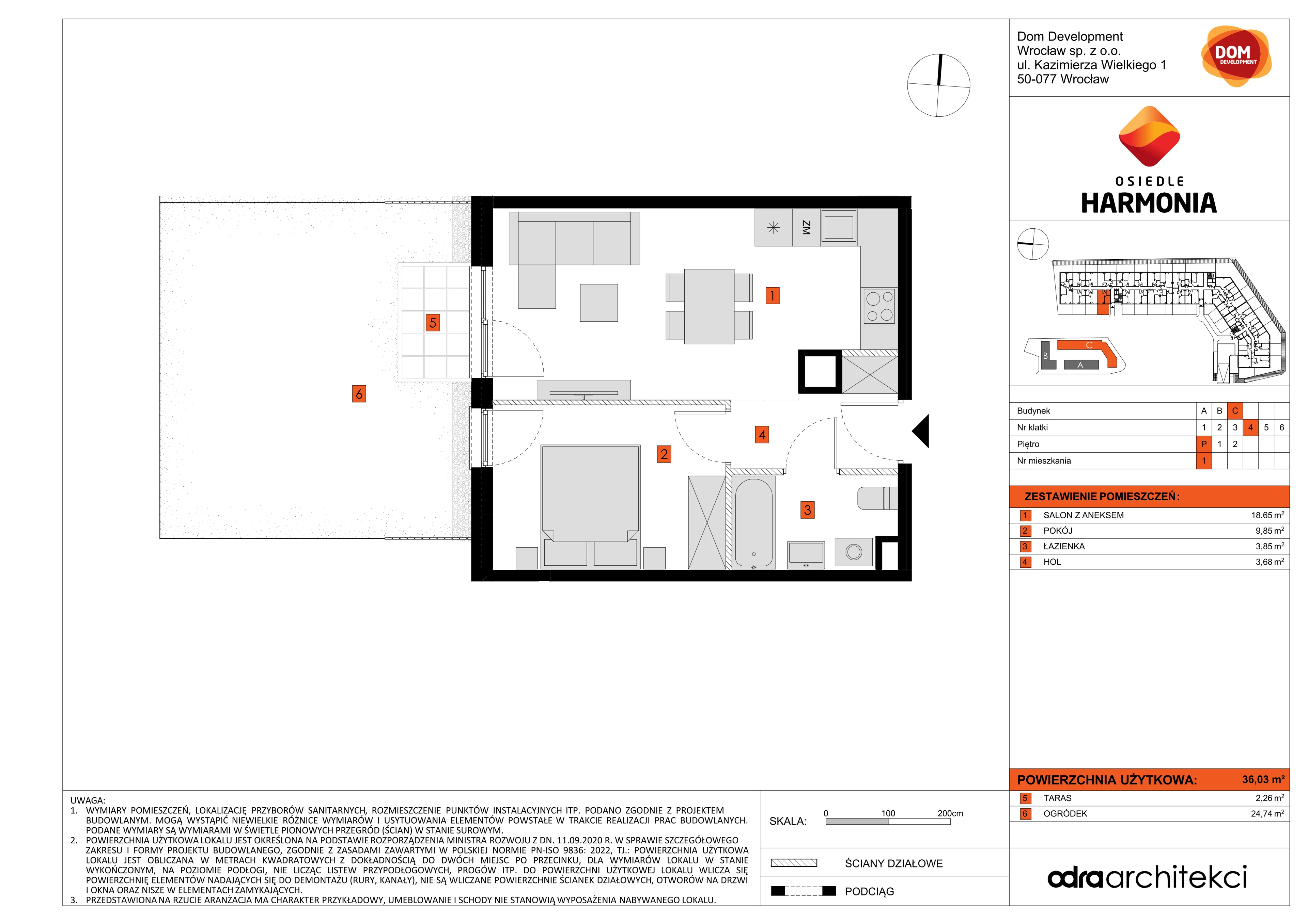 2 pokoje, mieszkanie 36,03 m², parter, oferta nr C/1, Osiedle Harmonia, Wrocław, Maślice, ul. Stodolna