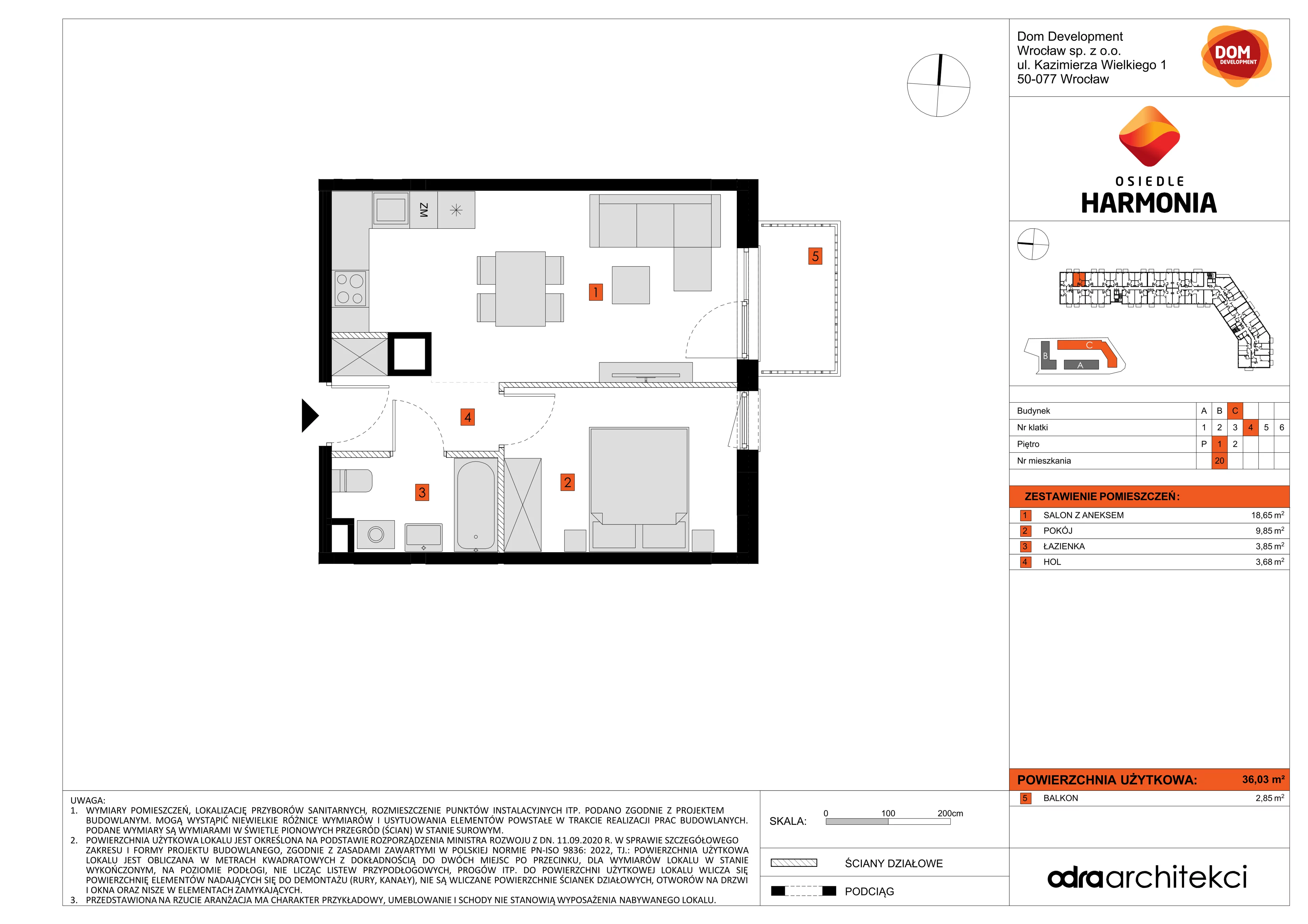 2 pokoje, mieszkanie 36,03 m², piętro 1, oferta nr C/20, Osiedle Harmonia, Wrocław, Maślice, ul. Stodolna