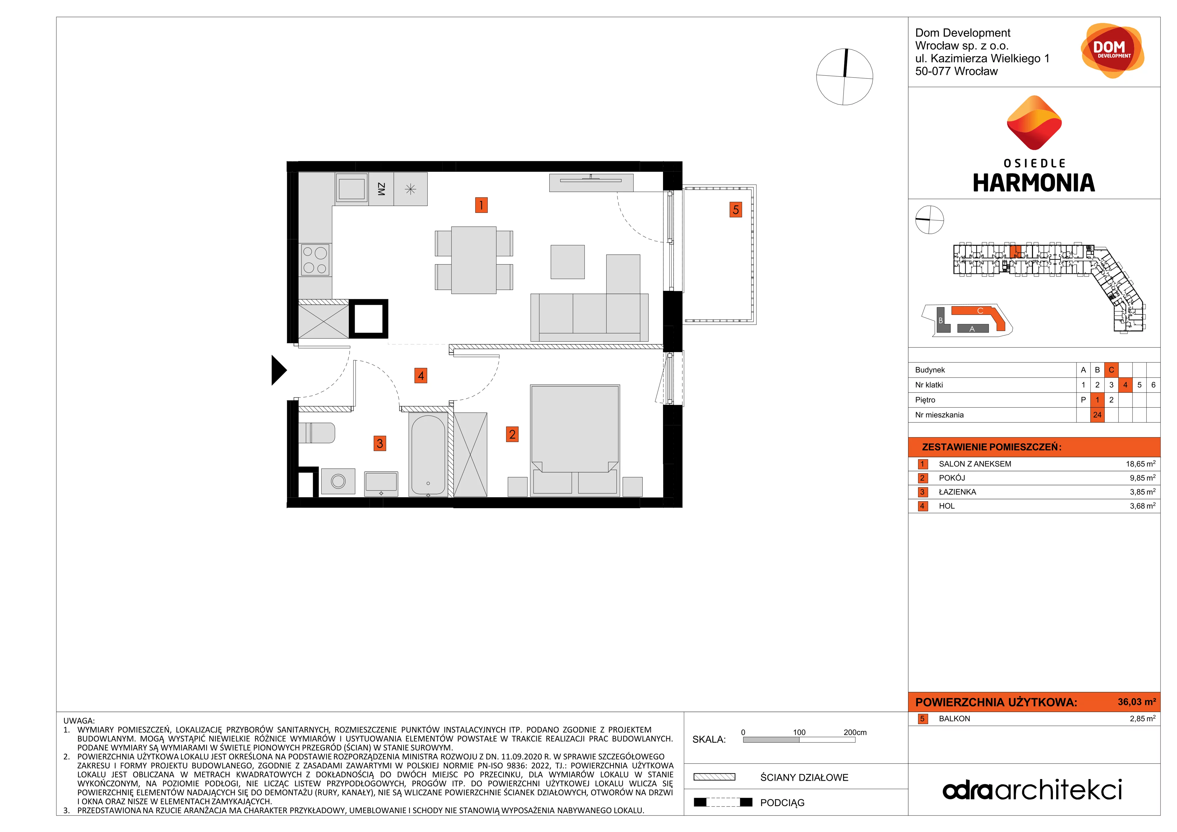 2 pokoje, mieszkanie 36,03 m², piętro 1, oferta nr C/24, Osiedle Harmonia, Wrocław, Maślice, ul. Stodolna