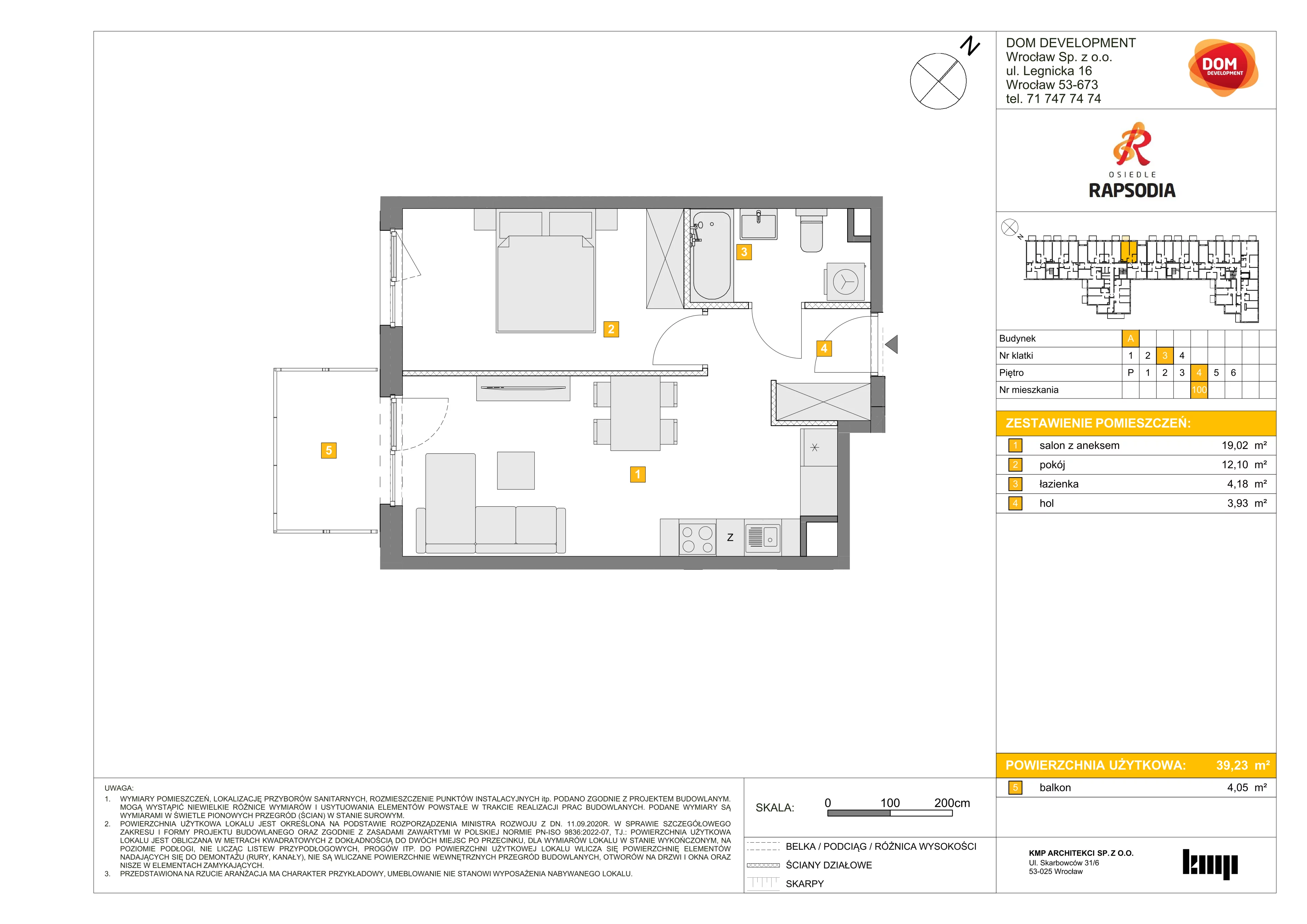 Mieszkanie 39,23 m², piętro 4, oferta nr A/100, Osiedle Rapsodia, Wrocław, Karłowice-Różanka, Różanka, ul. Wołowska 5