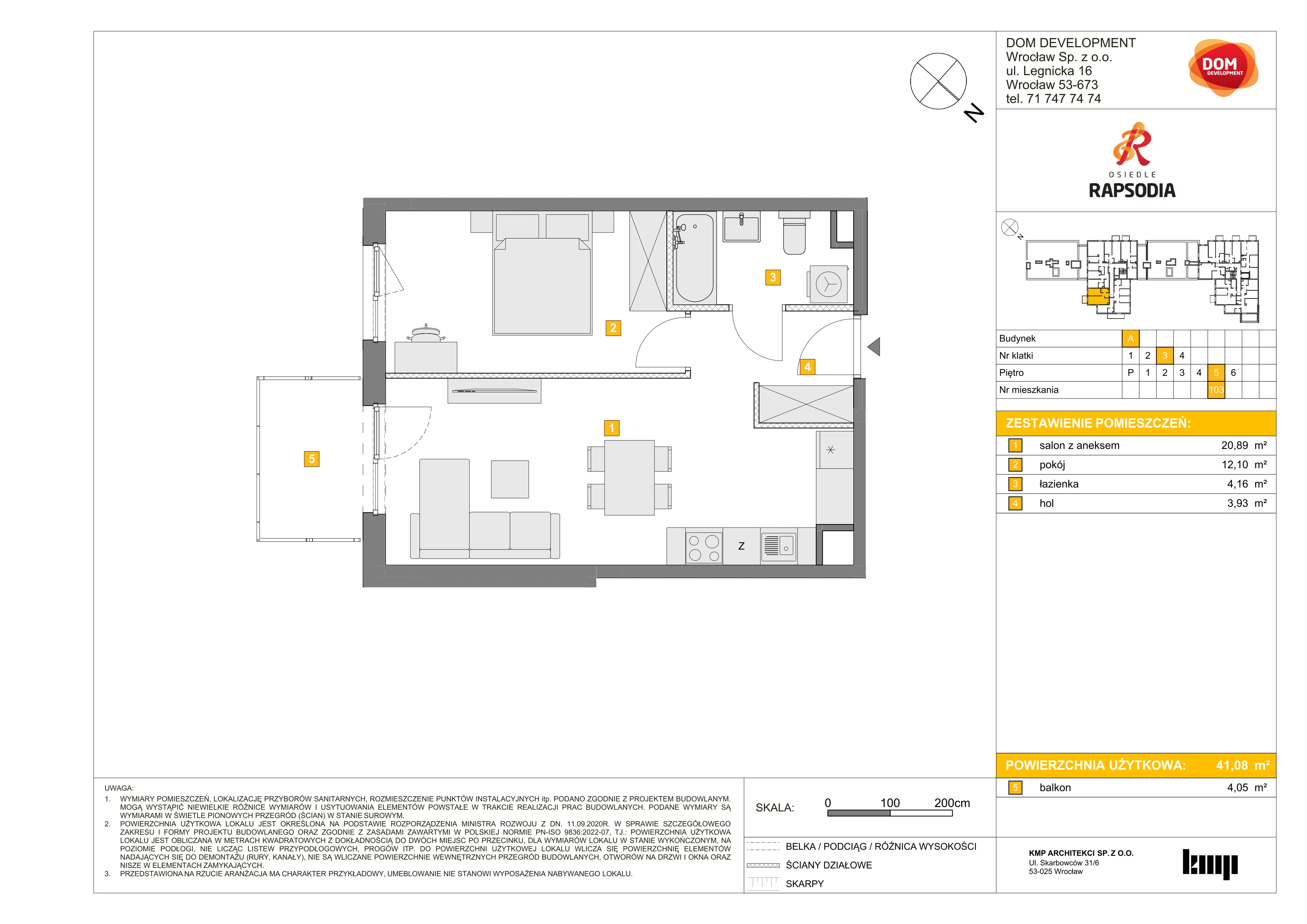 Mieszkanie 41,08 m², piętro 5, oferta nr A/103, Osiedle Rapsodia, Wrocław, Karłowice-Różanka, Różanka, ul. Wołowska 5