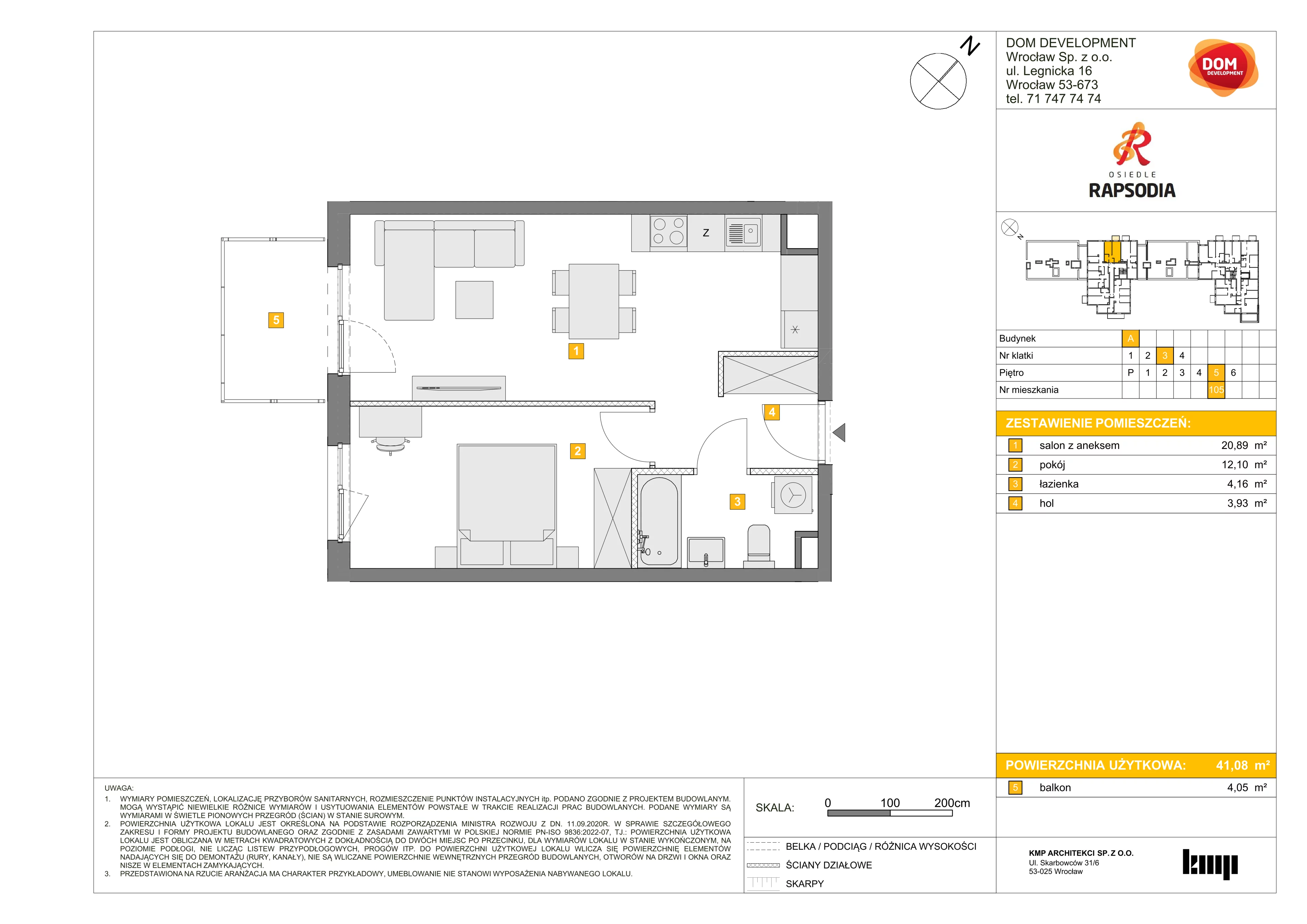 Mieszkanie 41,08 m², piętro 5, oferta nr A/105, Osiedle Rapsodia, Wrocław, Karłowice-Różanka, Różanka, ul. Wołowska 5