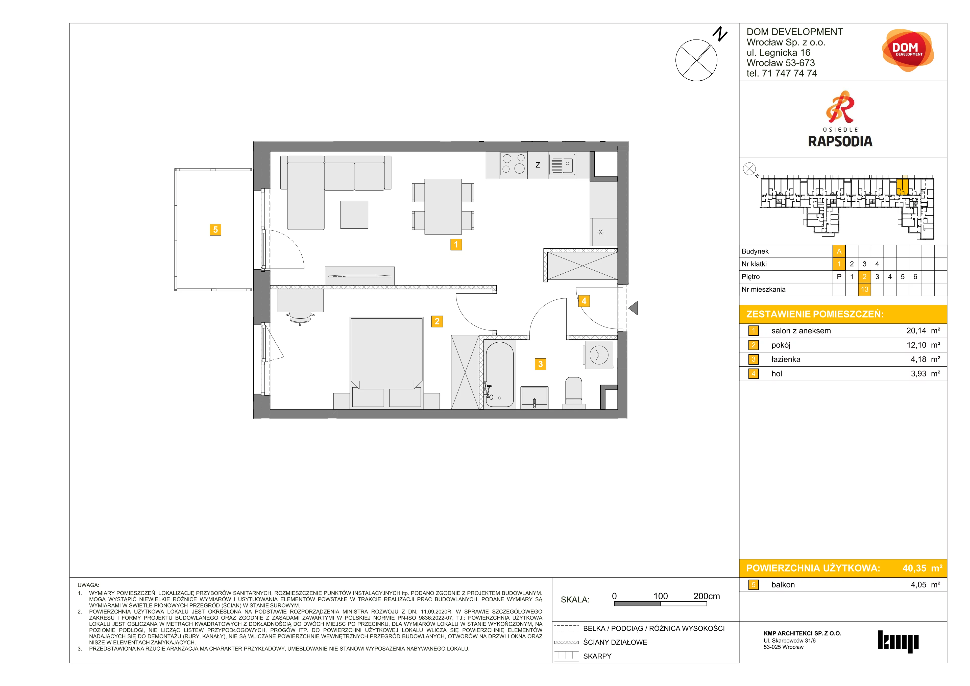 Mieszkanie 40,35 m², piętro 2, oferta nr A/13, Osiedle Rapsodia, Wrocław, Karłowice-Różanka, Różanka, ul. Wołowska 5