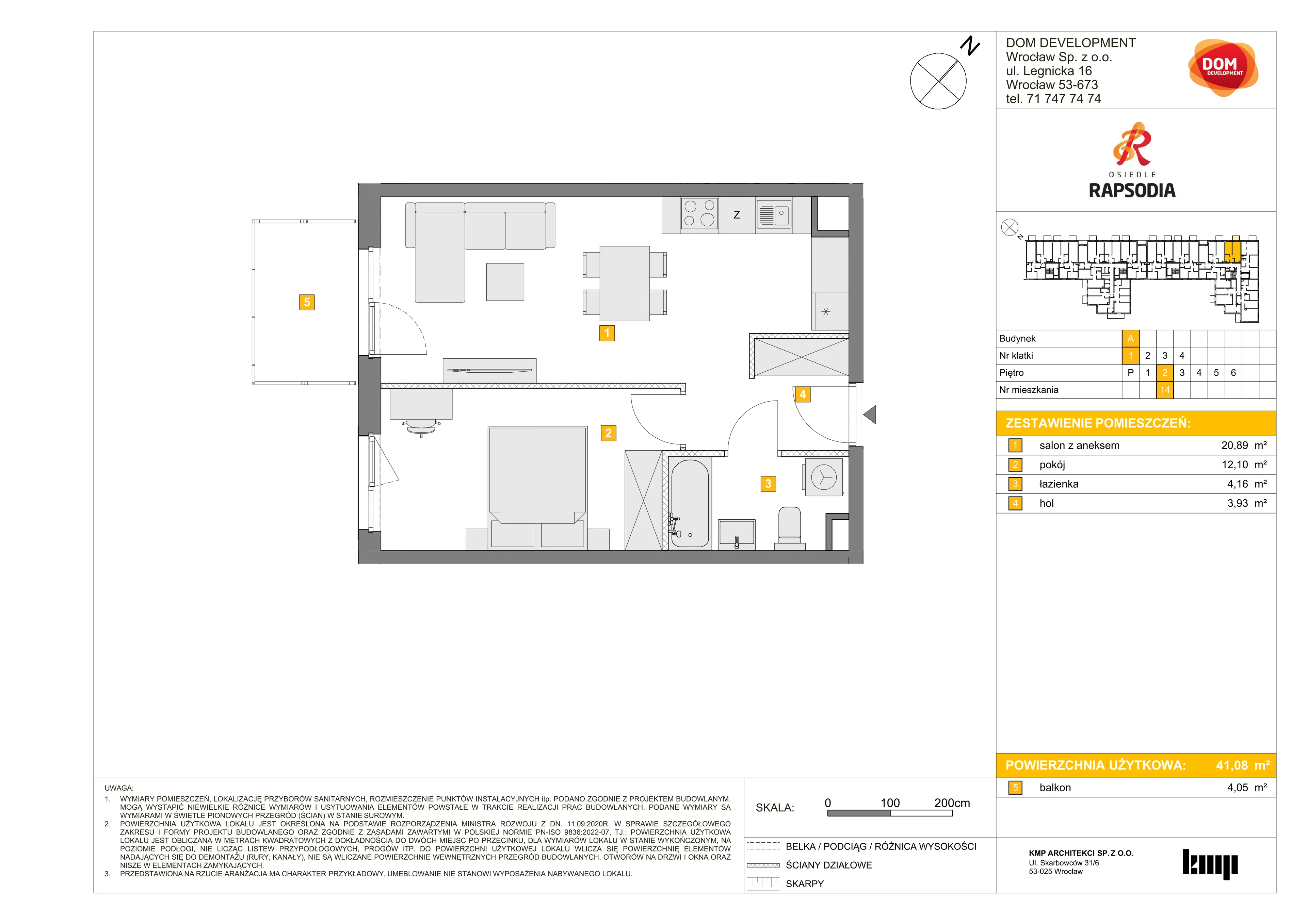 Mieszkanie 41,08 m², piętro 2, oferta nr A/14, Osiedle Rapsodia, Wrocław, Karłowice-Różanka, Różanka, ul. Wołowska 5