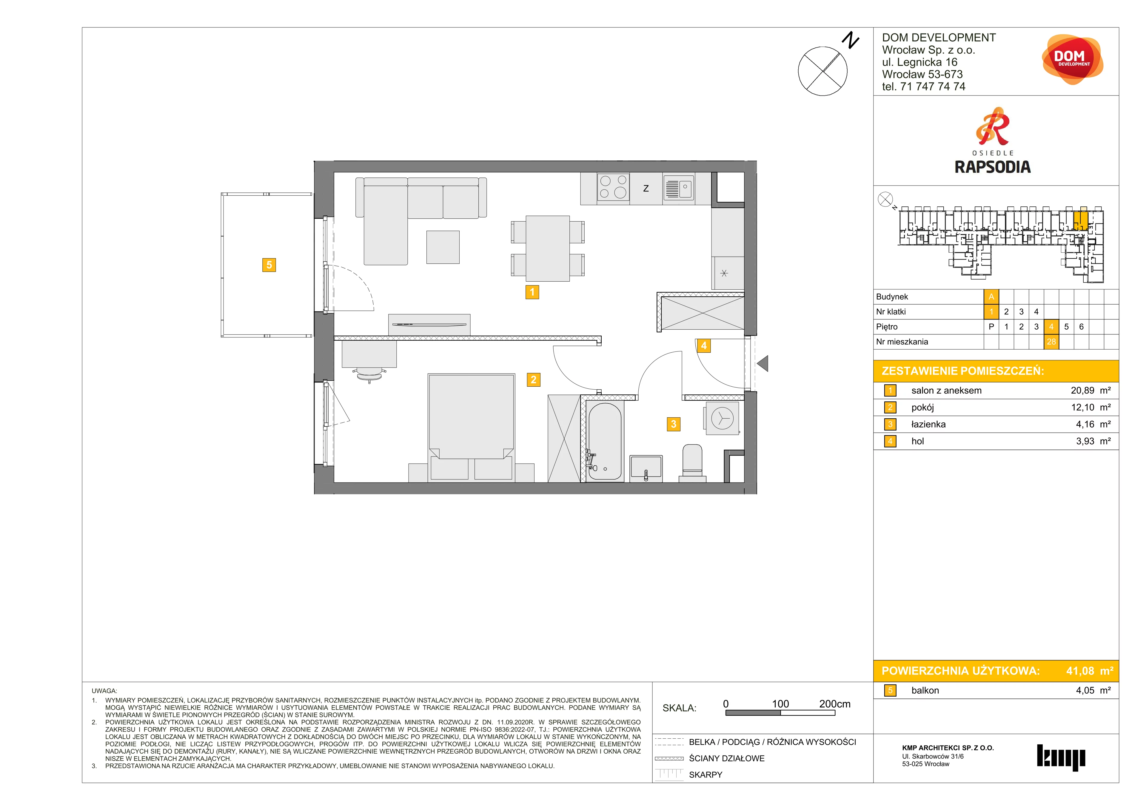 Mieszkanie 41,08 m², piętro 4, oferta nr A/28, Osiedle Rapsodia, Wrocław, Karłowice-Różanka, Różanka, ul. Wołowska 5