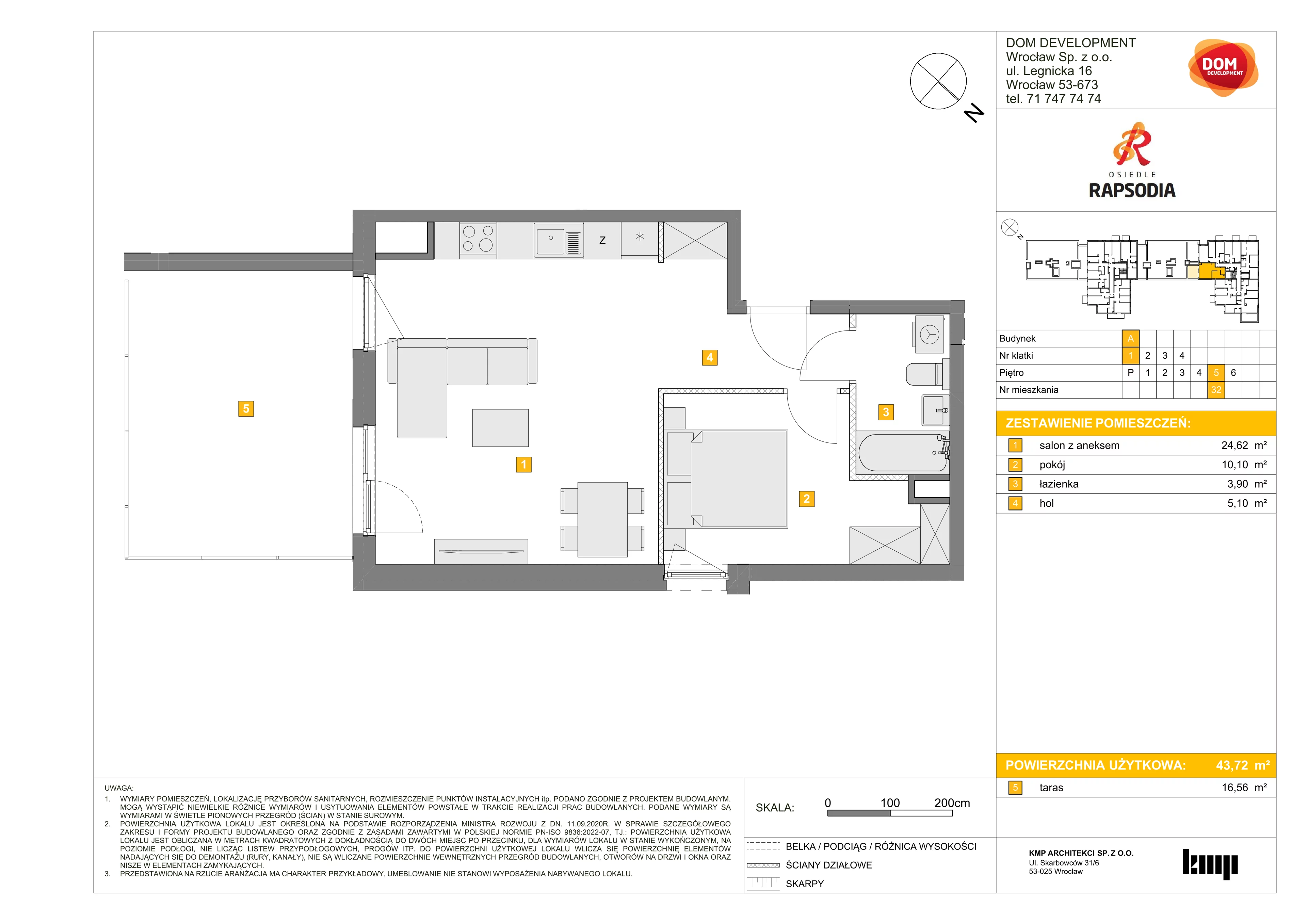 Mieszkanie 43,72 m², piętro 5, oferta nr A/32, Osiedle Rapsodia, Wrocław, Karłowice-Różanka, Różanka, ul. Wołowska 5