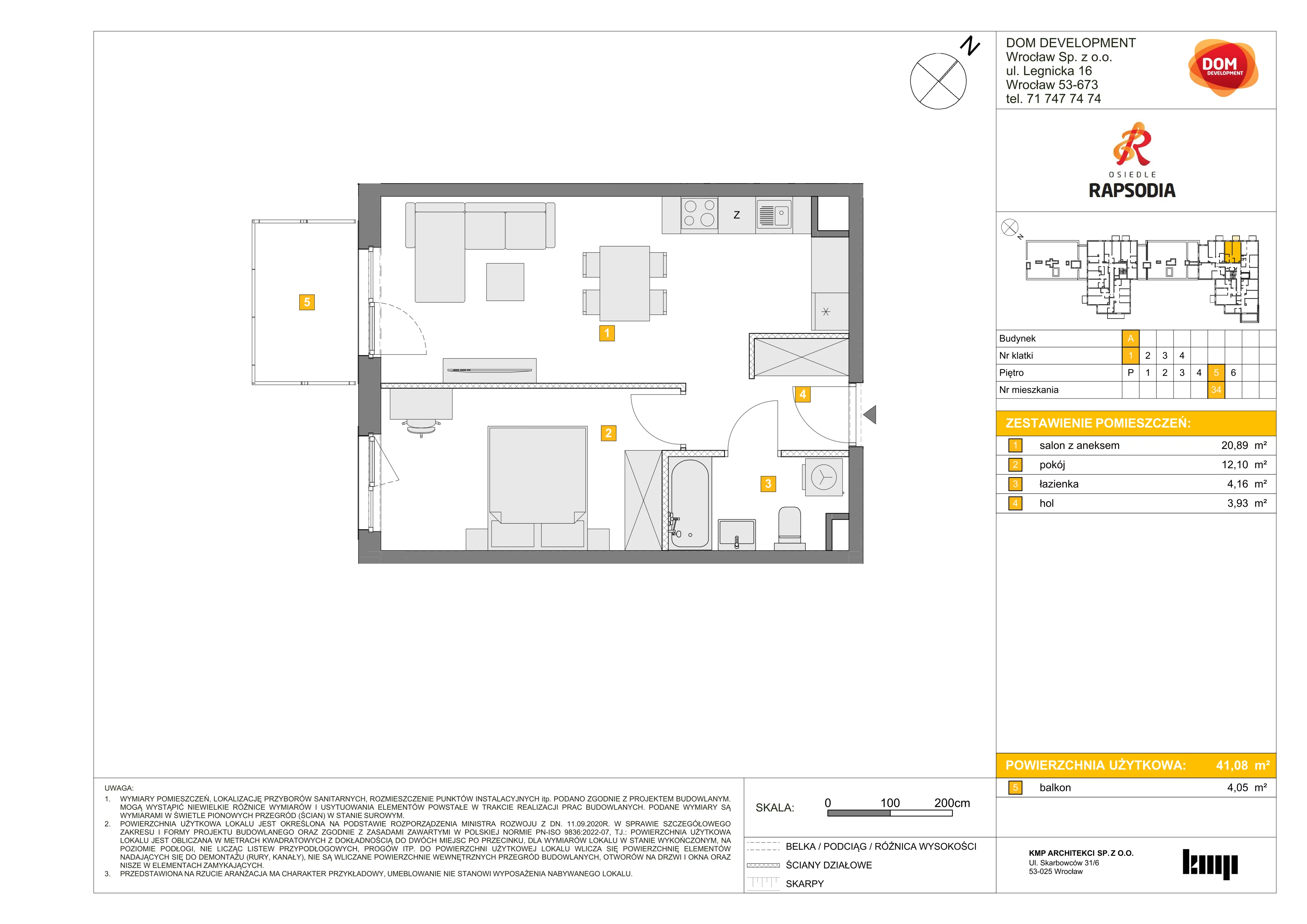 Mieszkanie 41,08 m², piętro 5, oferta nr A/34, Osiedle Rapsodia, Wrocław, Karłowice-Różanka, Różanka, ul. Wołowska 5