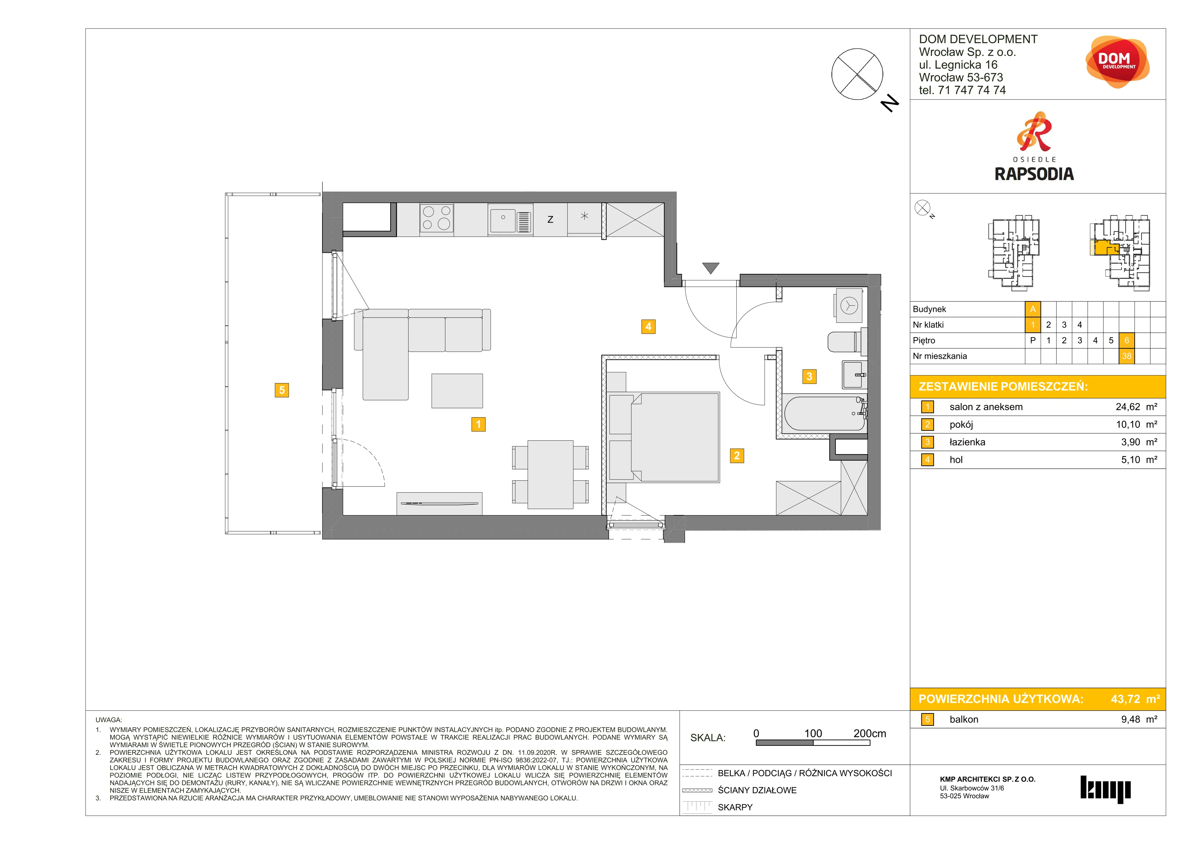 Mieszkanie 43,72 m², piętro 6, oferta nr A/38, Osiedle Rapsodia, Wrocław, Karłowice-Różanka, Różanka, ul. Wołowska 5