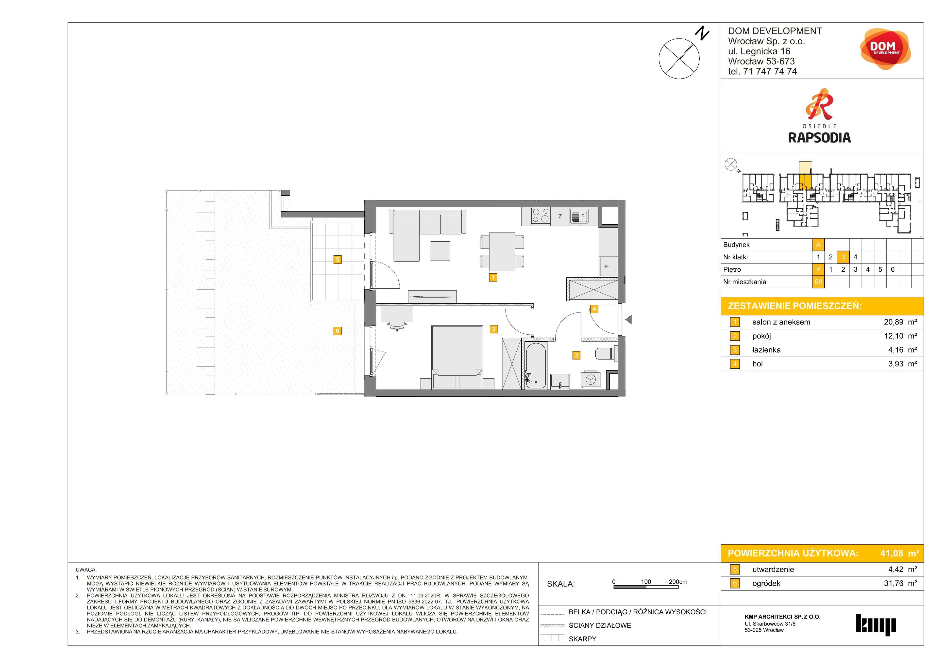 Mieszkanie 41,08 m², parter, oferta nr A/68, Osiedle Rapsodia, Wrocław, Karłowice-Różanka, Różanka, ul. Wołowska 5