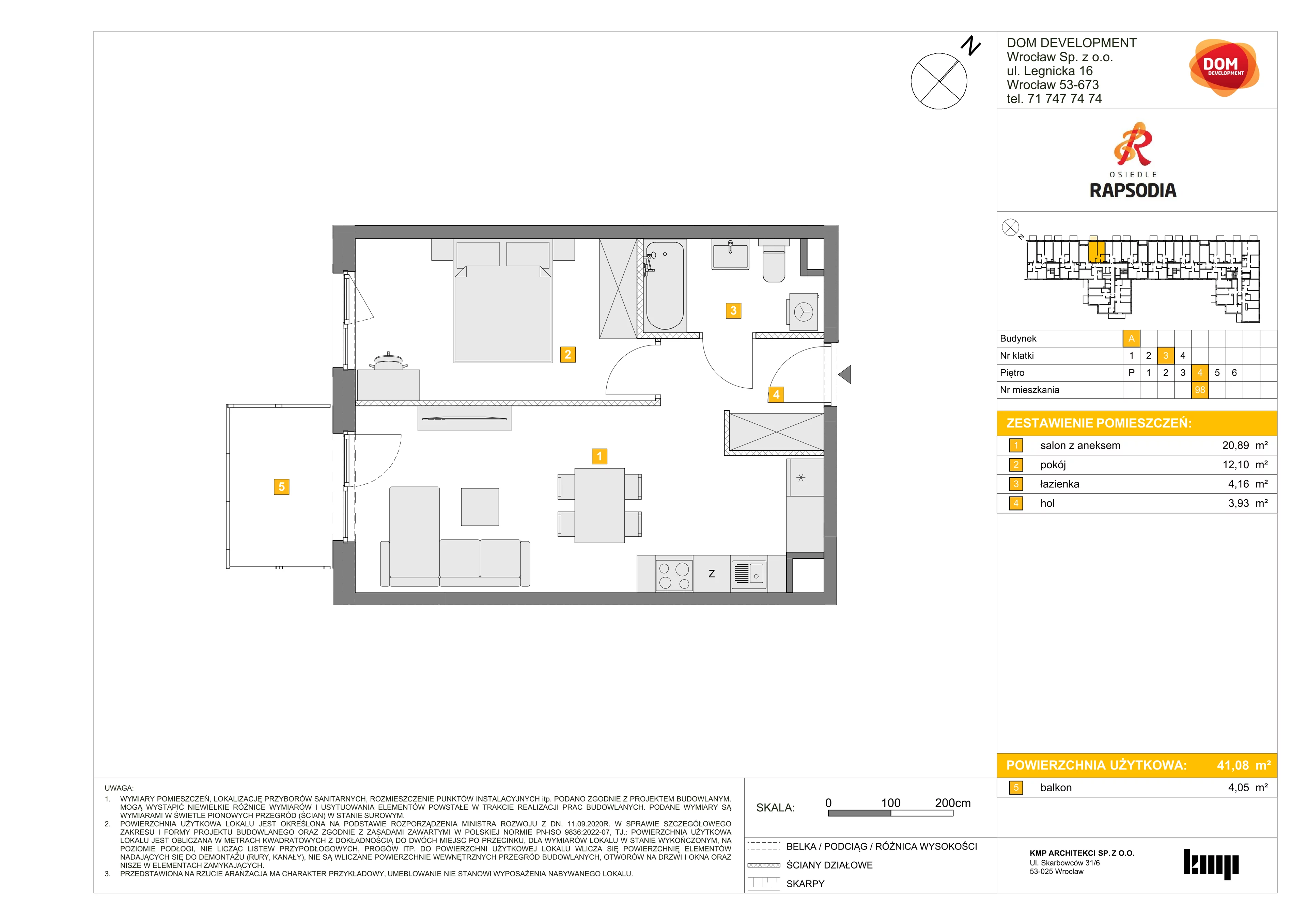 Mieszkanie 41,08 m², piętro 4, oferta nr A/98, Osiedle Rapsodia, Wrocław, Karłowice-Różanka, Różanka, ul. Wołowska 5