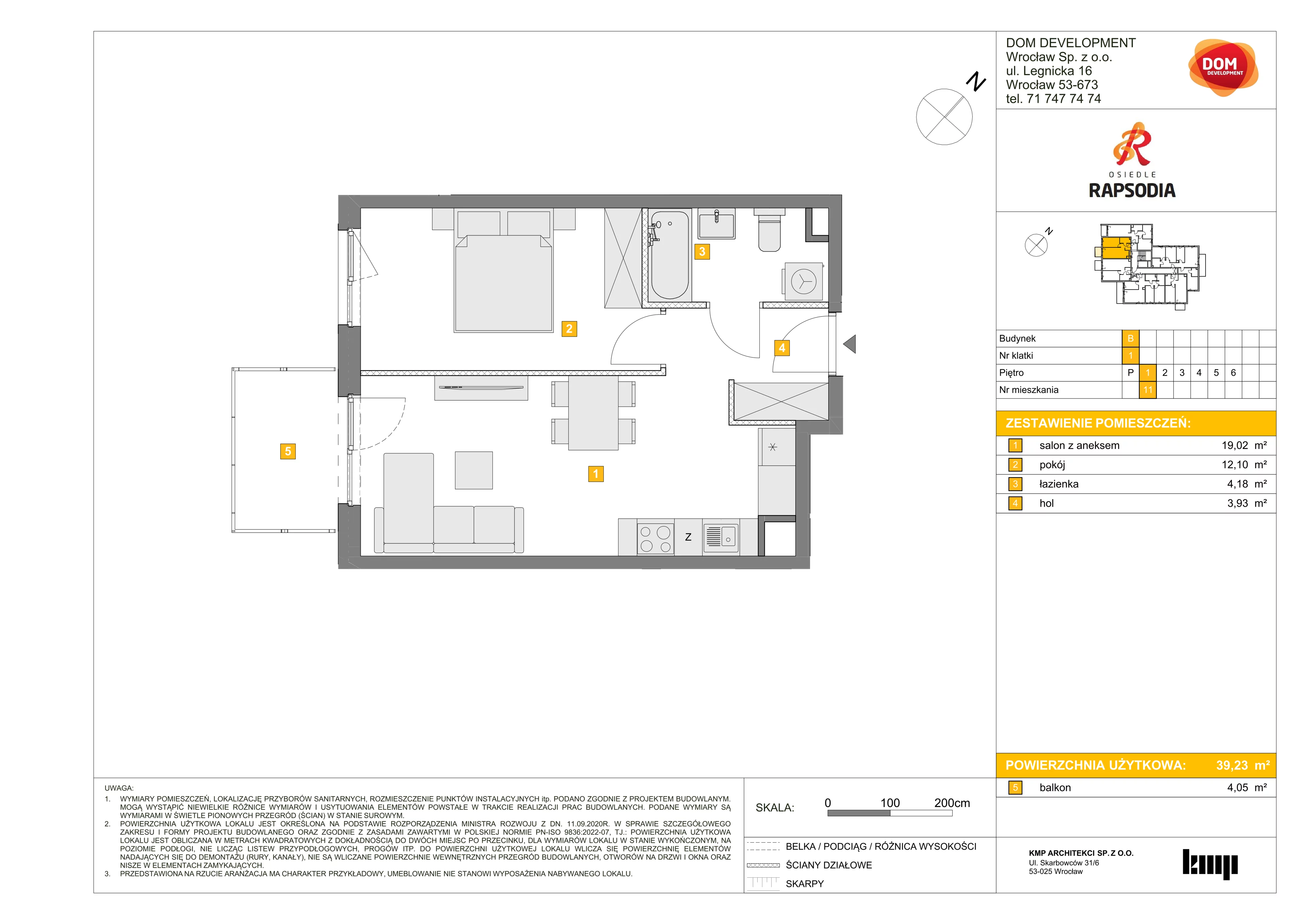 2 pokoje, mieszkanie 39,23 m², piętro 1, oferta nr B/11, Osiedle Rapsodia 2, Wrocław, Karłowice-Różanka, Różanka, ul. Wołowska 5