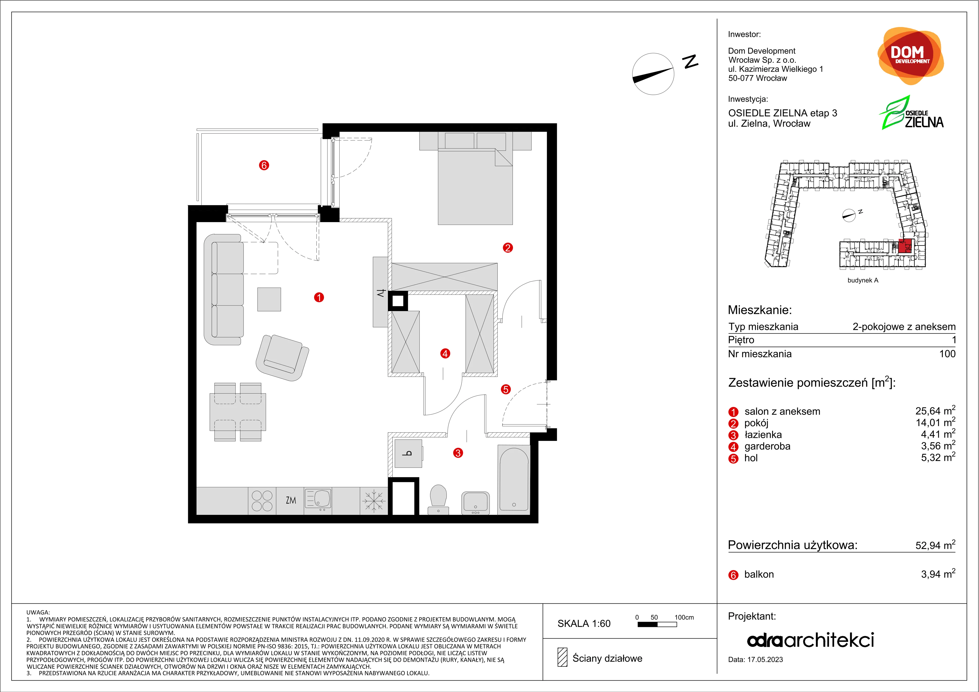 Mieszkanie 52,94 m², piętro 1, oferta nr A/100, Osiedle Zielna, Wrocław, Psie Pole-Zawidawie, Psie Pole, ul. Zielna