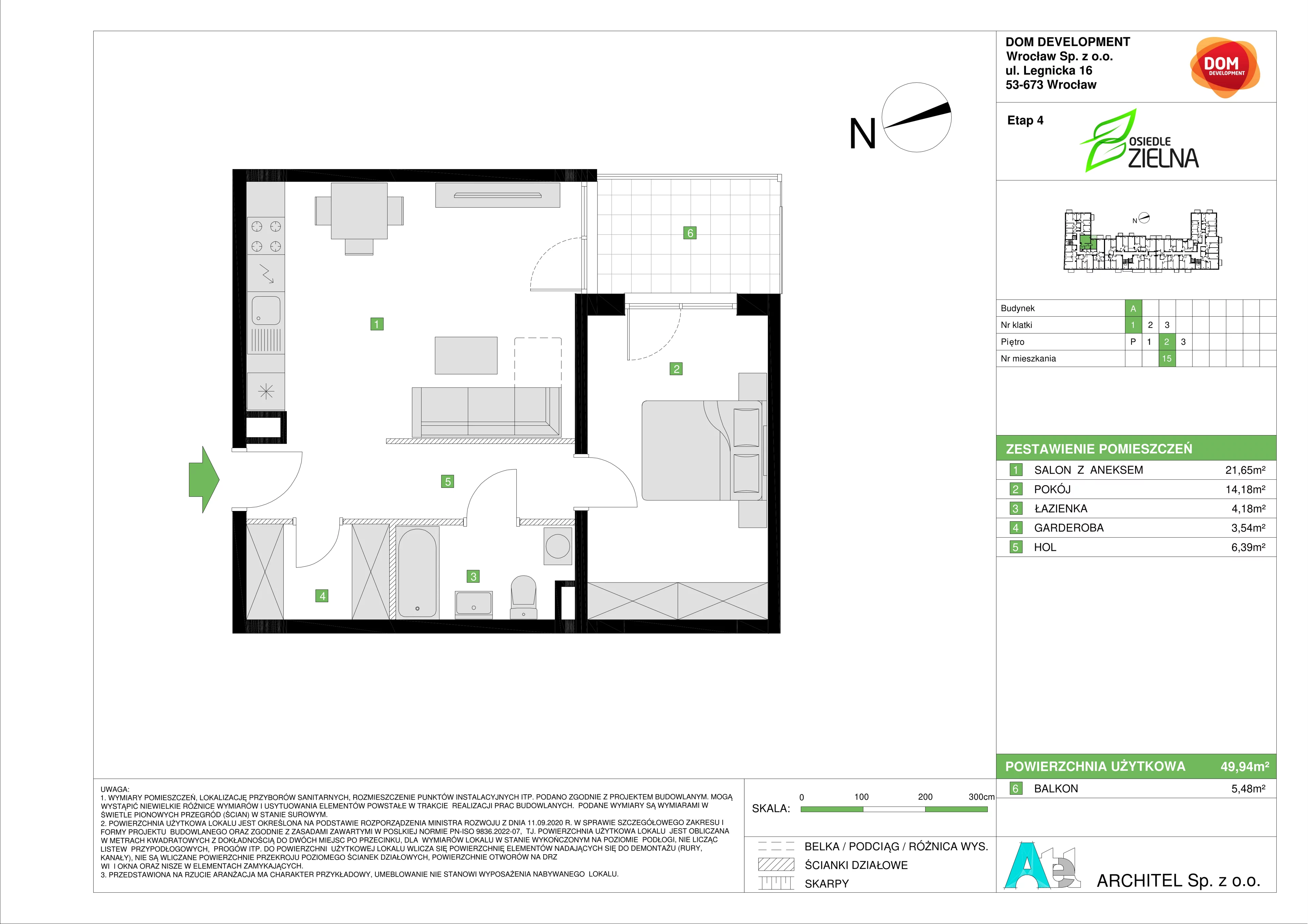 2 pokoje, mieszkanie 49,94 m², piętro 2, oferta nr A/15, Osiedle Zielna 4, Wrocław, Psie Pole-Zawidawie, Psie Pole, ul. Zielna / Bylinowa