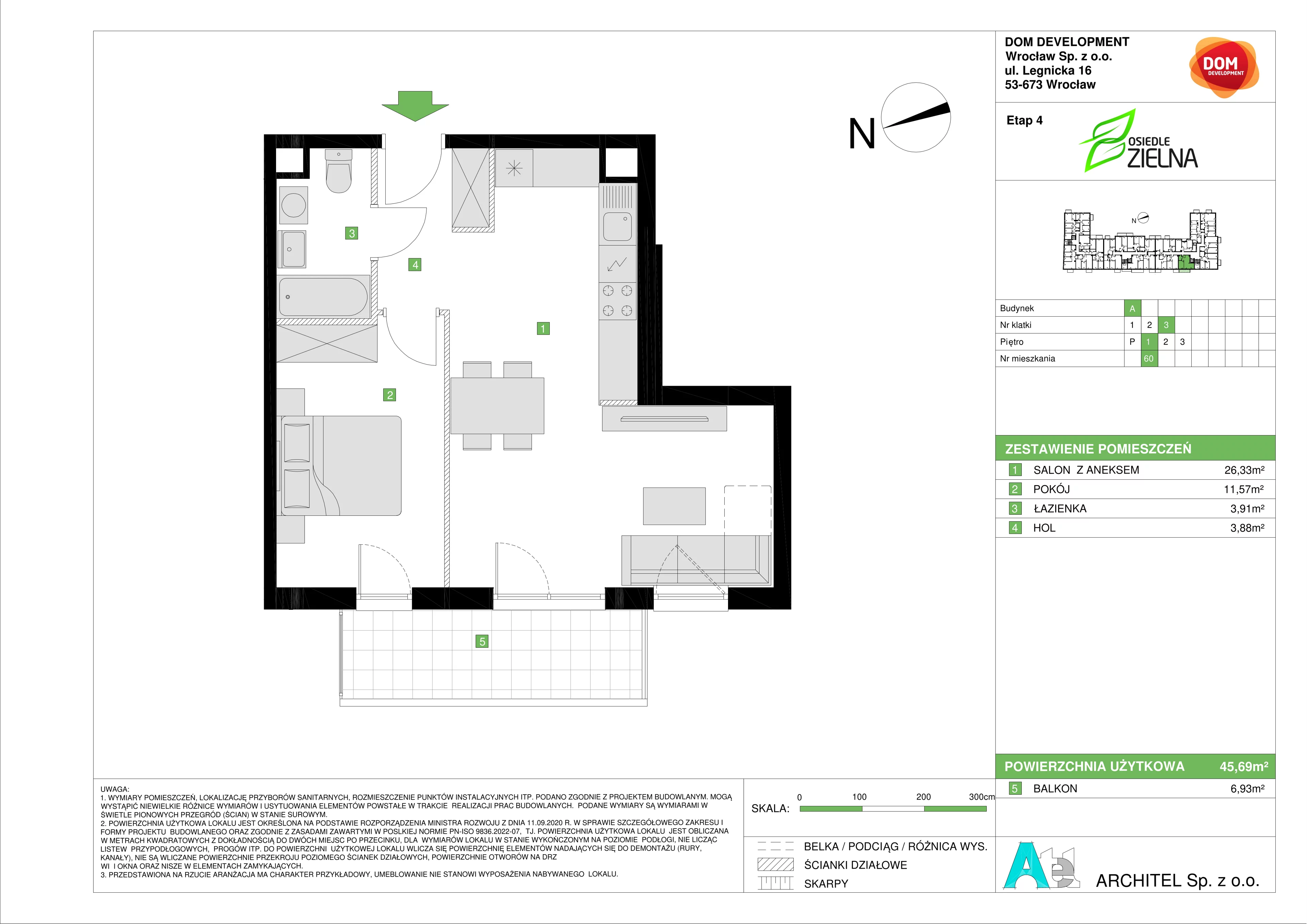 Mieszkanie 45,69 m², piętro 1, oferta nr A/60, Osiedle Zielna 4, Wrocław, Psie Pole-Zawidawie, Psie Pole, ul. Zielna / Bylinowa