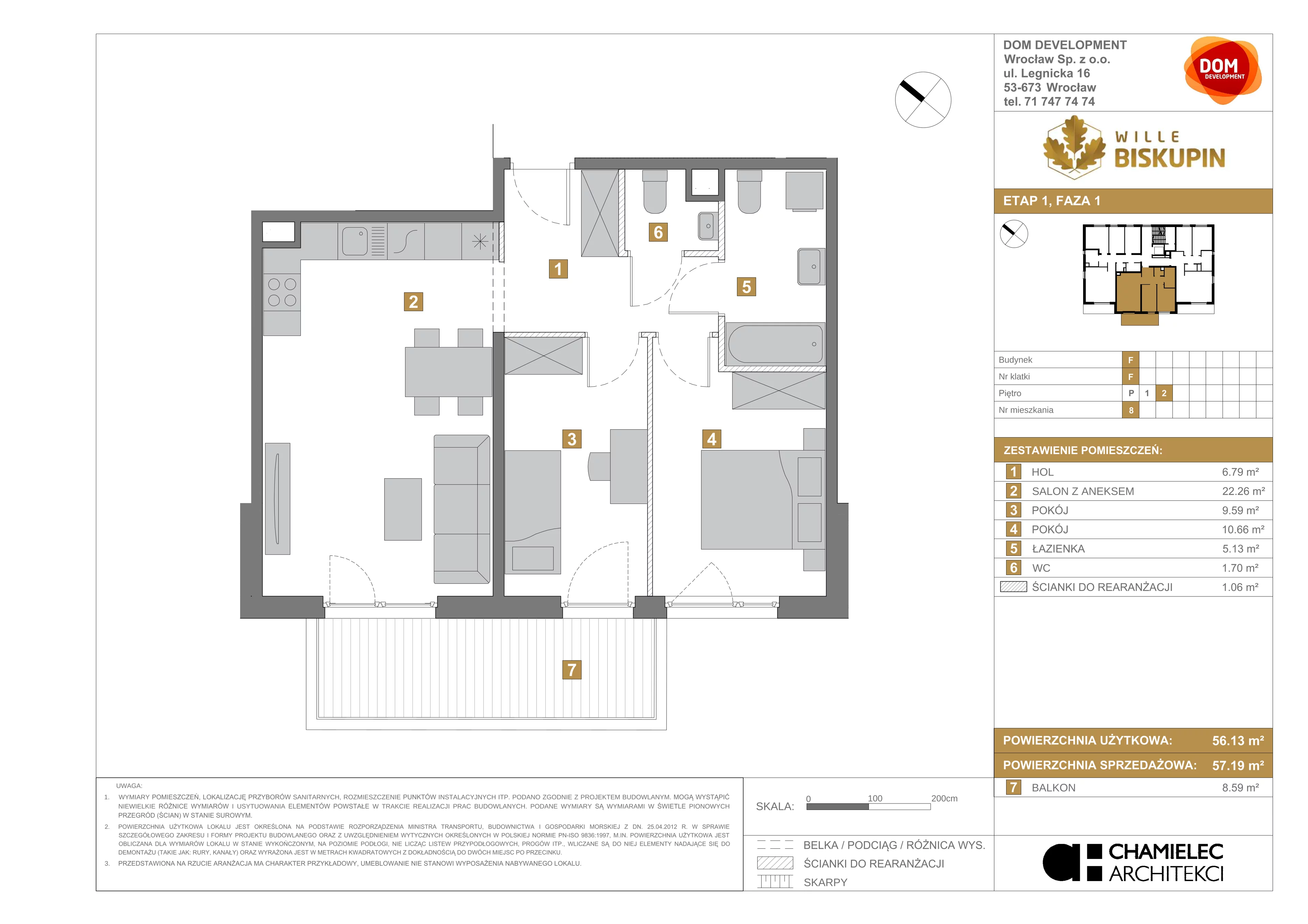 3 pokoje, mieszkanie 57,19 m², piętro 2, oferta nr F/8, Wille Biskupin, Wrocław, Biskupin-Sępolno-Dąbie-Bartoszowice, Śródmieście, ul. Braci Gierymskich 156