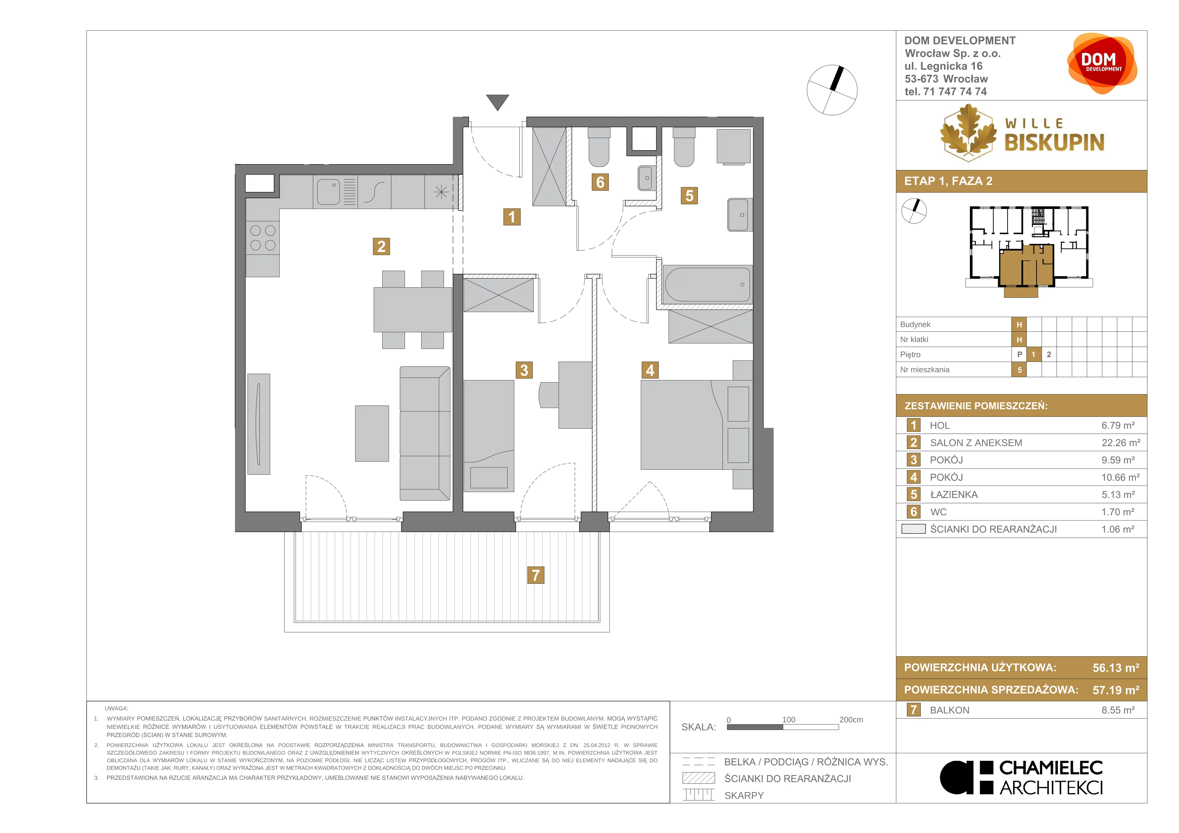 3 pokoje, mieszkanie 57,19 m², piętro 1, oferta nr H/5, Wille Biskupin, Wrocław, Biskupin-Sępolno-Dąbie-Bartoszowice, Śródmieście, ul. Braci Gierymskich 156