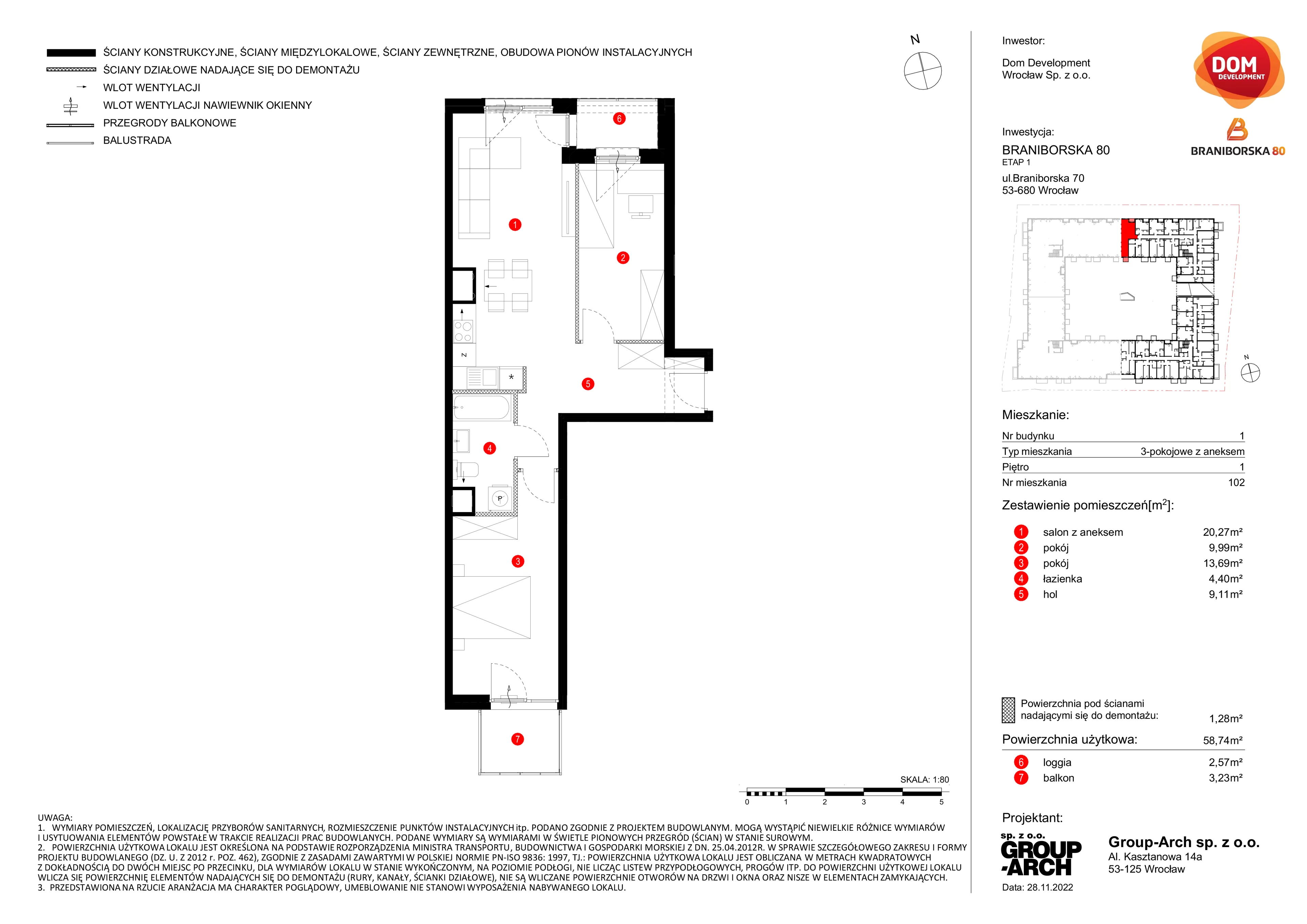 3 pokoje, mieszkanie 58,74 m², piętro 1, oferta nr A/102, Braniborska 80, Wrocław, Stare Miasto, ul. Braniborska 80