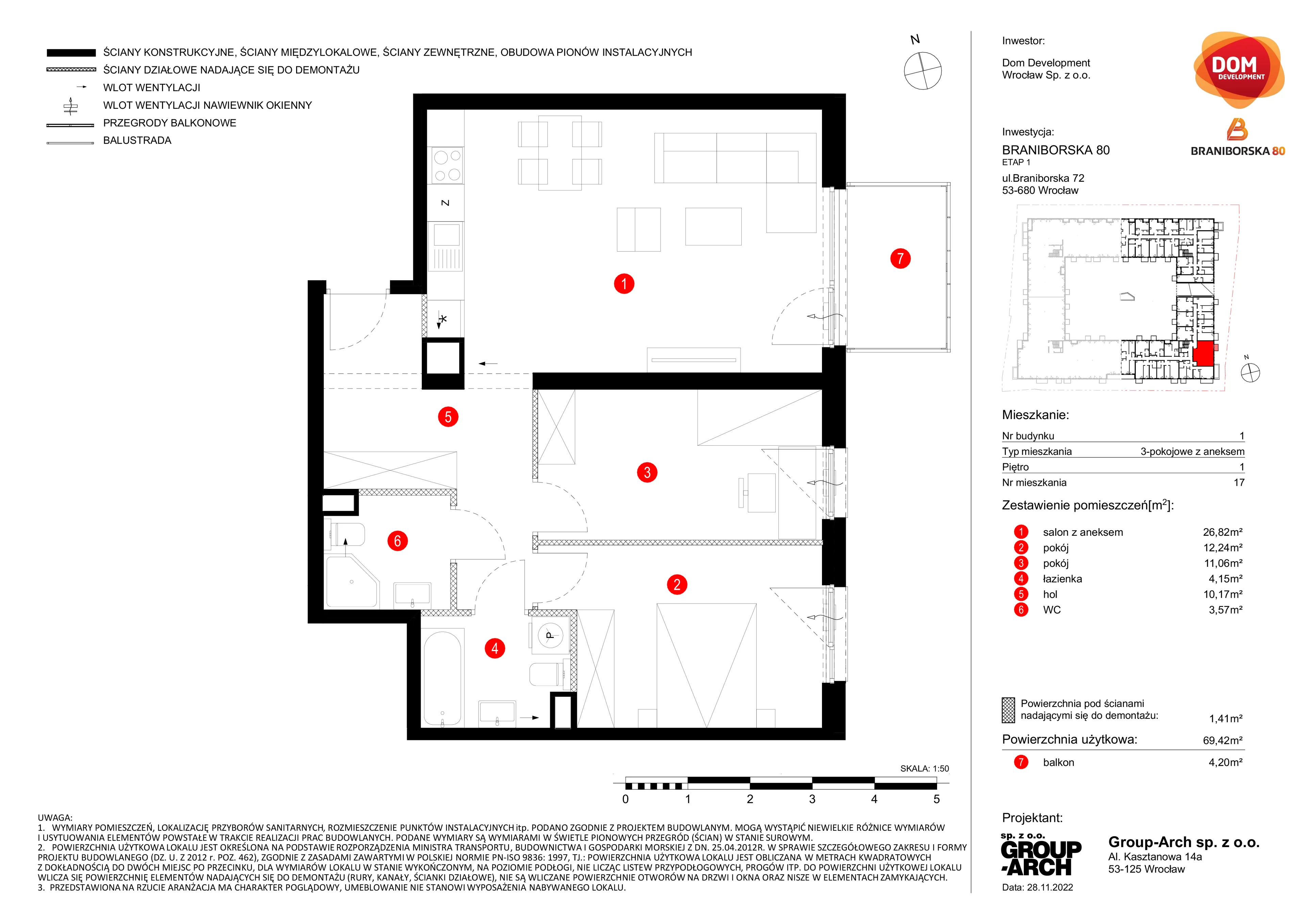 Mieszkanie 69,42 m², piętro 1, oferta nr A/17, Braniborska 80, Wrocław, Stare Miasto, ul. Braniborska 80