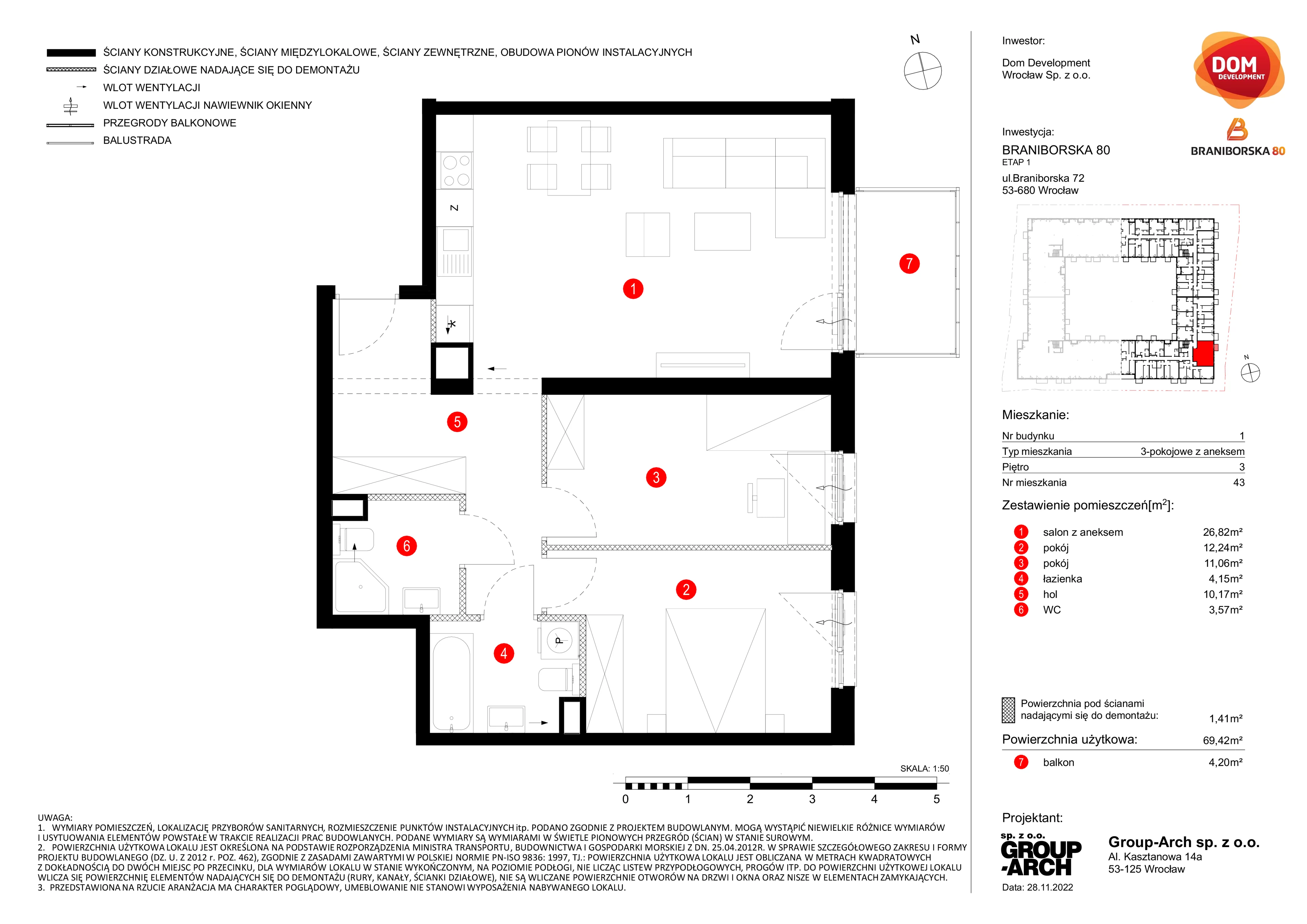 Mieszkanie 69,42 m², piętro 3, oferta nr A/43, Braniborska 80, Wrocław, Stare Miasto, ul. Braniborska 80-idx