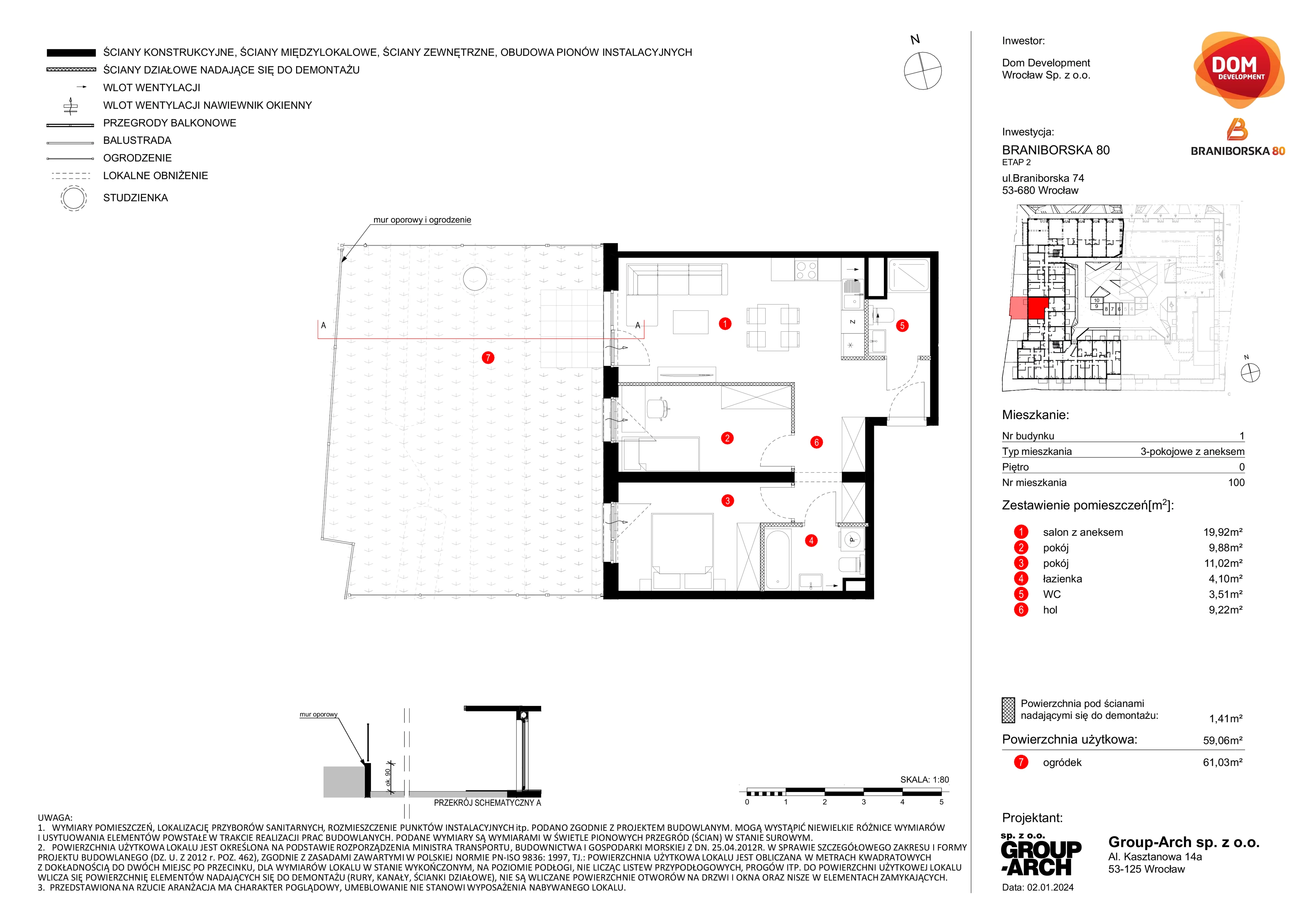 Mieszkanie 59,06 m², parter, oferta nr B/100, Braniborska 80, Wrocław, Stare Miasto, ul. Braniborska 80