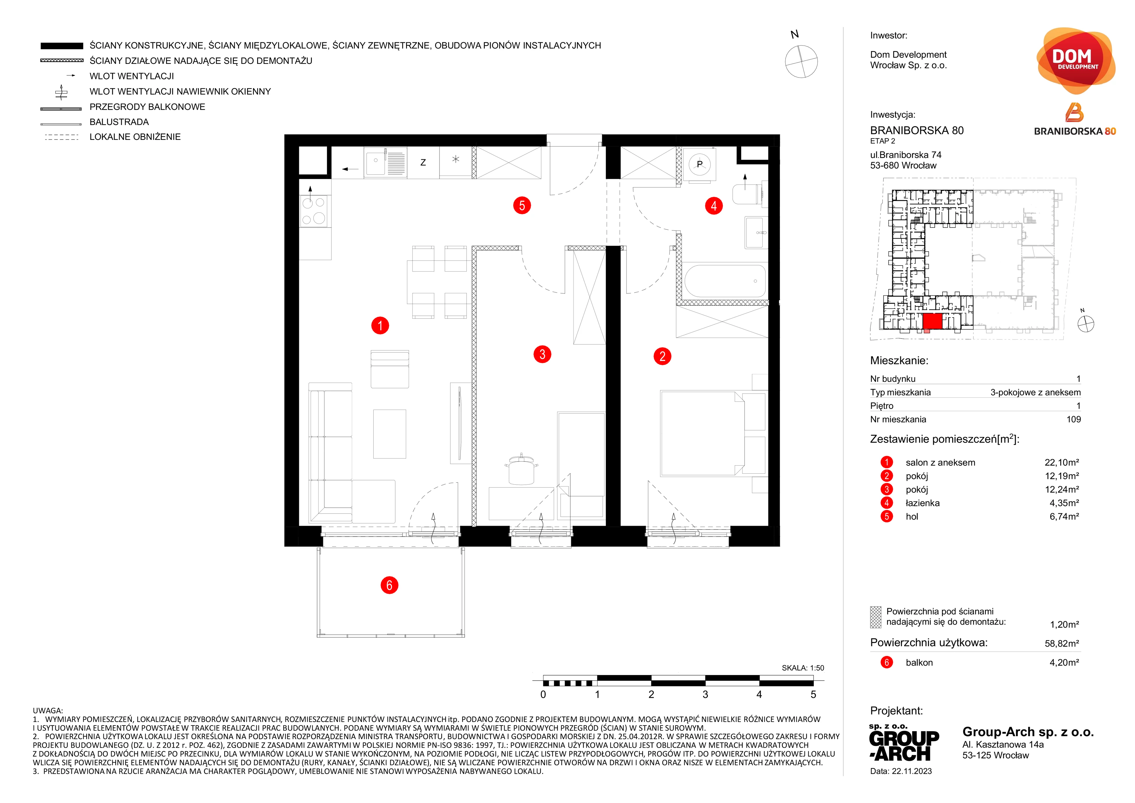 Mieszkanie 58,82 m², piętro 1, oferta nr B/109, Braniborska 80, Wrocław, Stare Miasto, ul. Braniborska 80