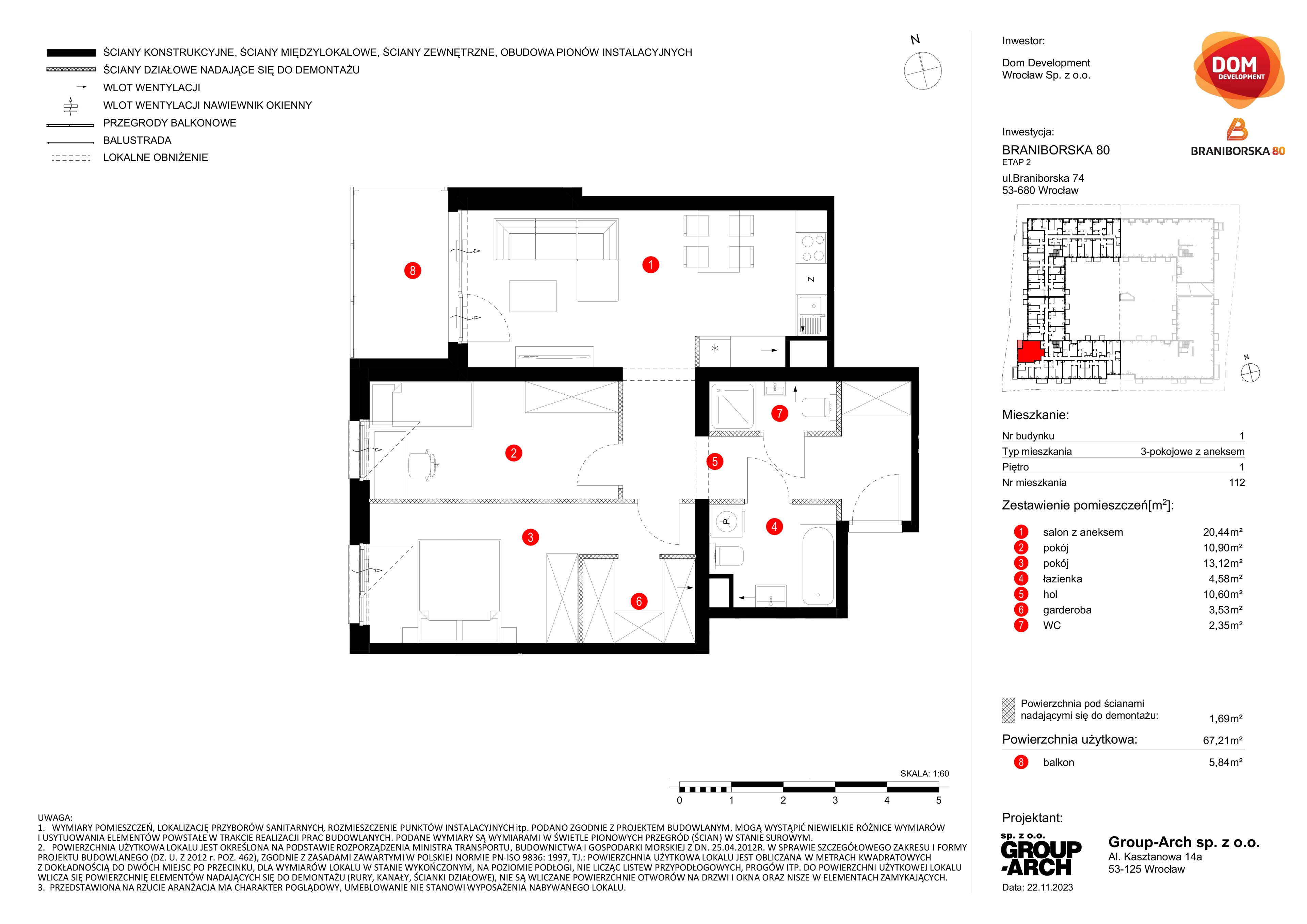 Mieszkanie 67,21 m², piętro 1, oferta nr B/112, Braniborska 80, Wrocław, Stare Miasto, ul. Braniborska 80