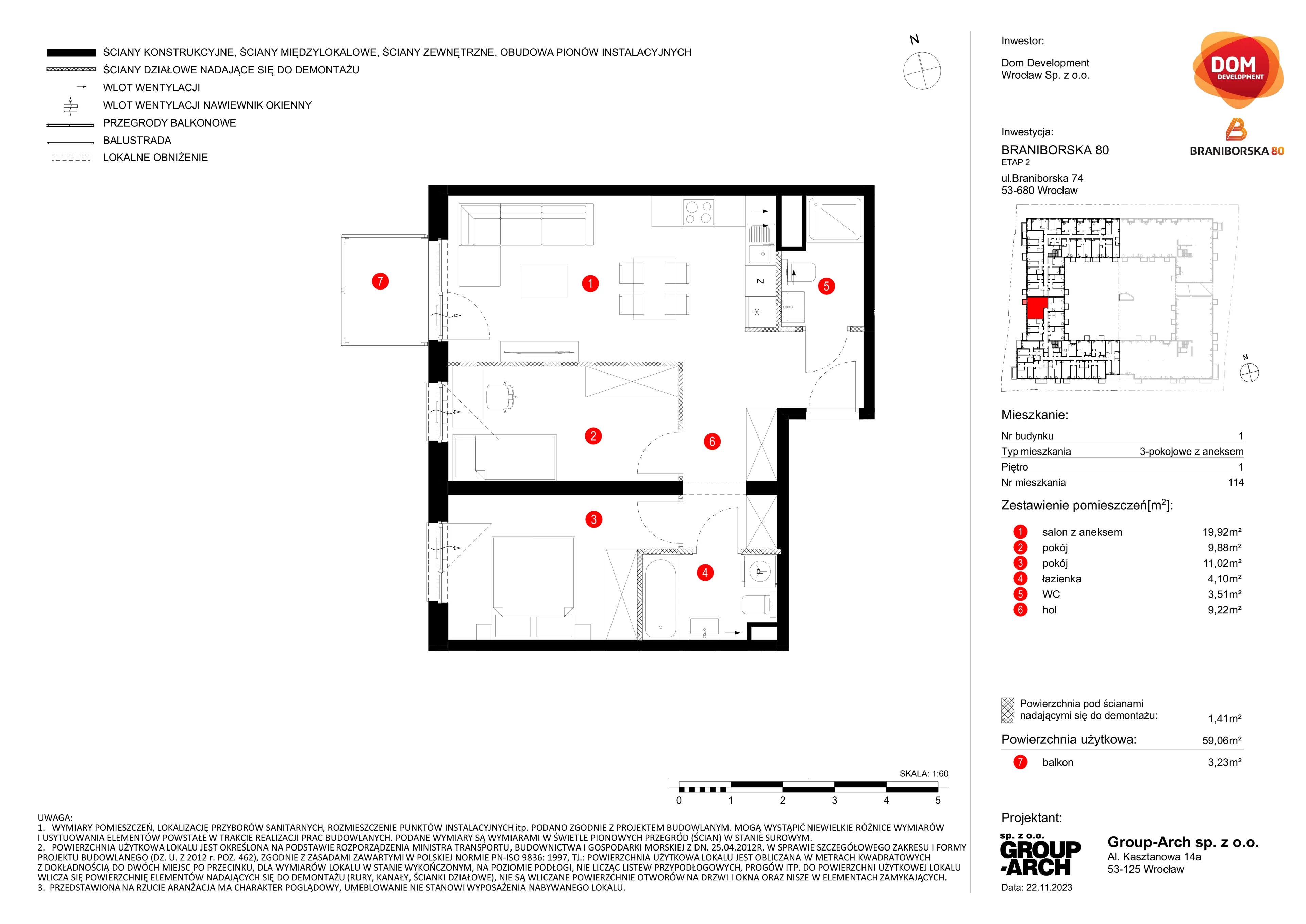 3 pokoje, mieszkanie 59,06 m², piętro 1, oferta nr B/114, Braniborska 80, Wrocław, Stare Miasto, ul. Braniborska 80