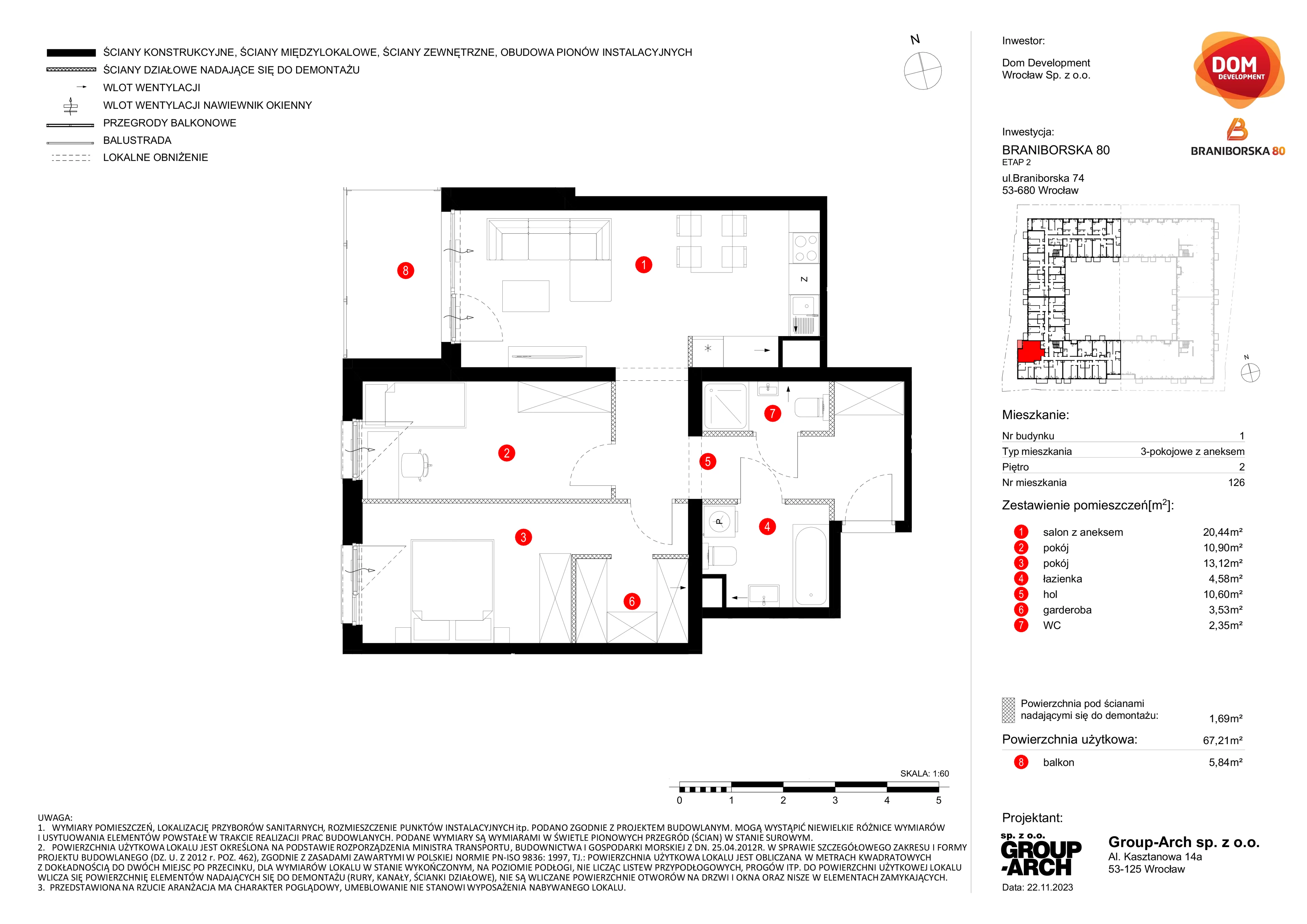 3 pokoje, mieszkanie 67,21 m², piętro 2, oferta nr B/126, Braniborska 80, Wrocław, Stare Miasto, ul. Braniborska 80