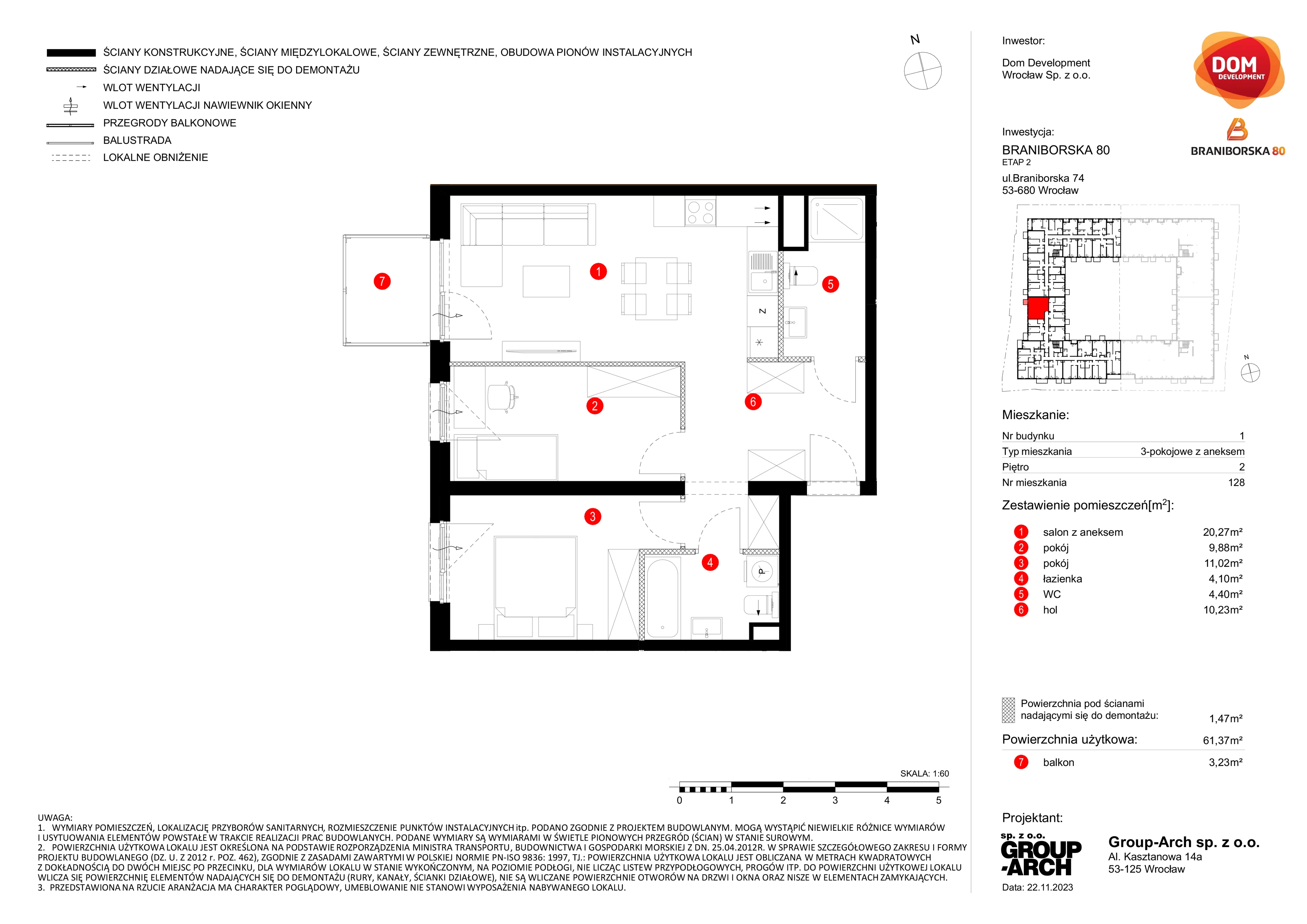 Mieszkanie 61,37 m², piętro 2, oferta nr B/128, Braniborska 80, Wrocław, Stare Miasto, ul. Braniborska 80