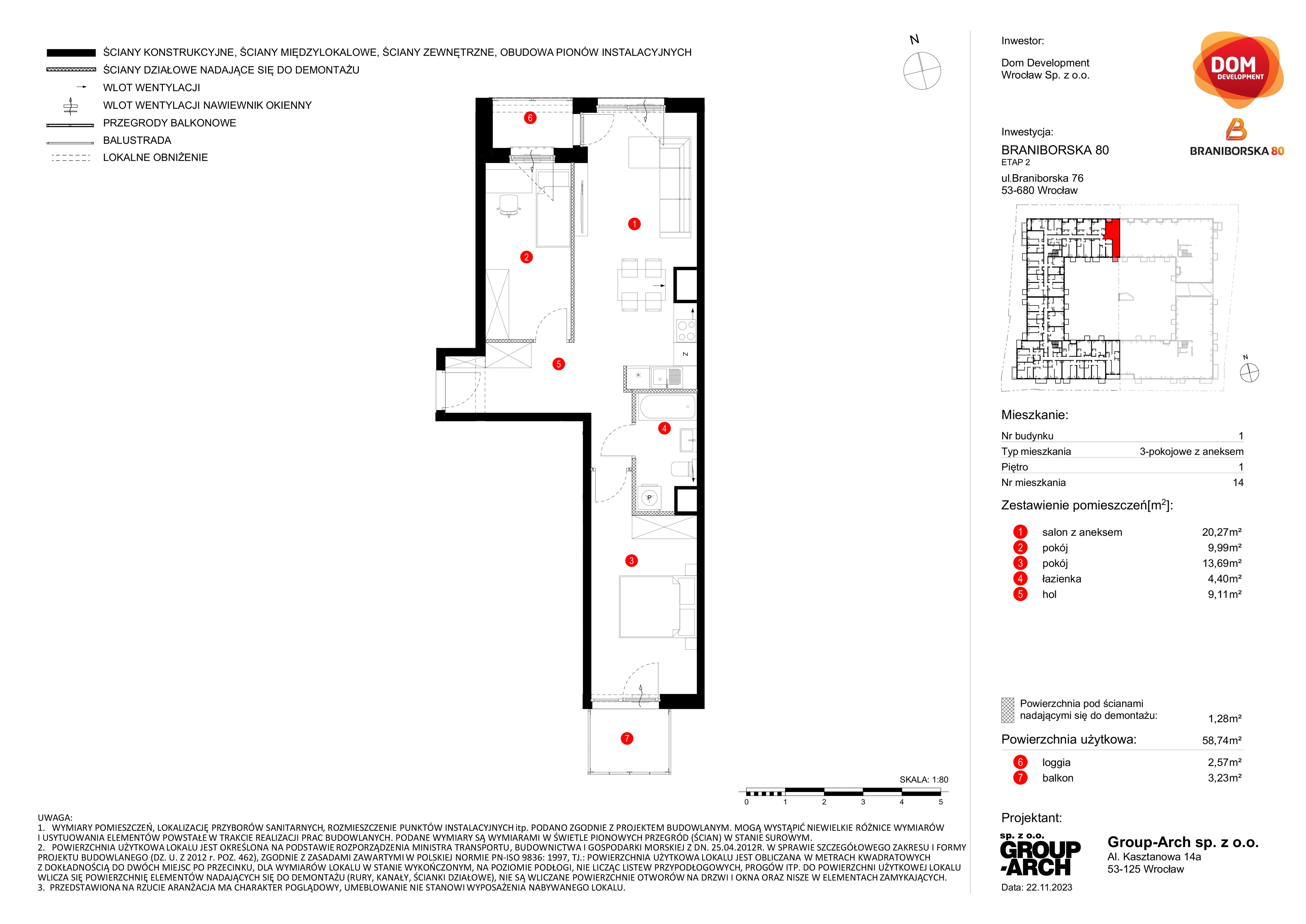 Mieszkanie 58,74 m², piętro 1, oferta nr B/14, Braniborska 80, Wrocław, Stare Miasto, ul. Braniborska 80