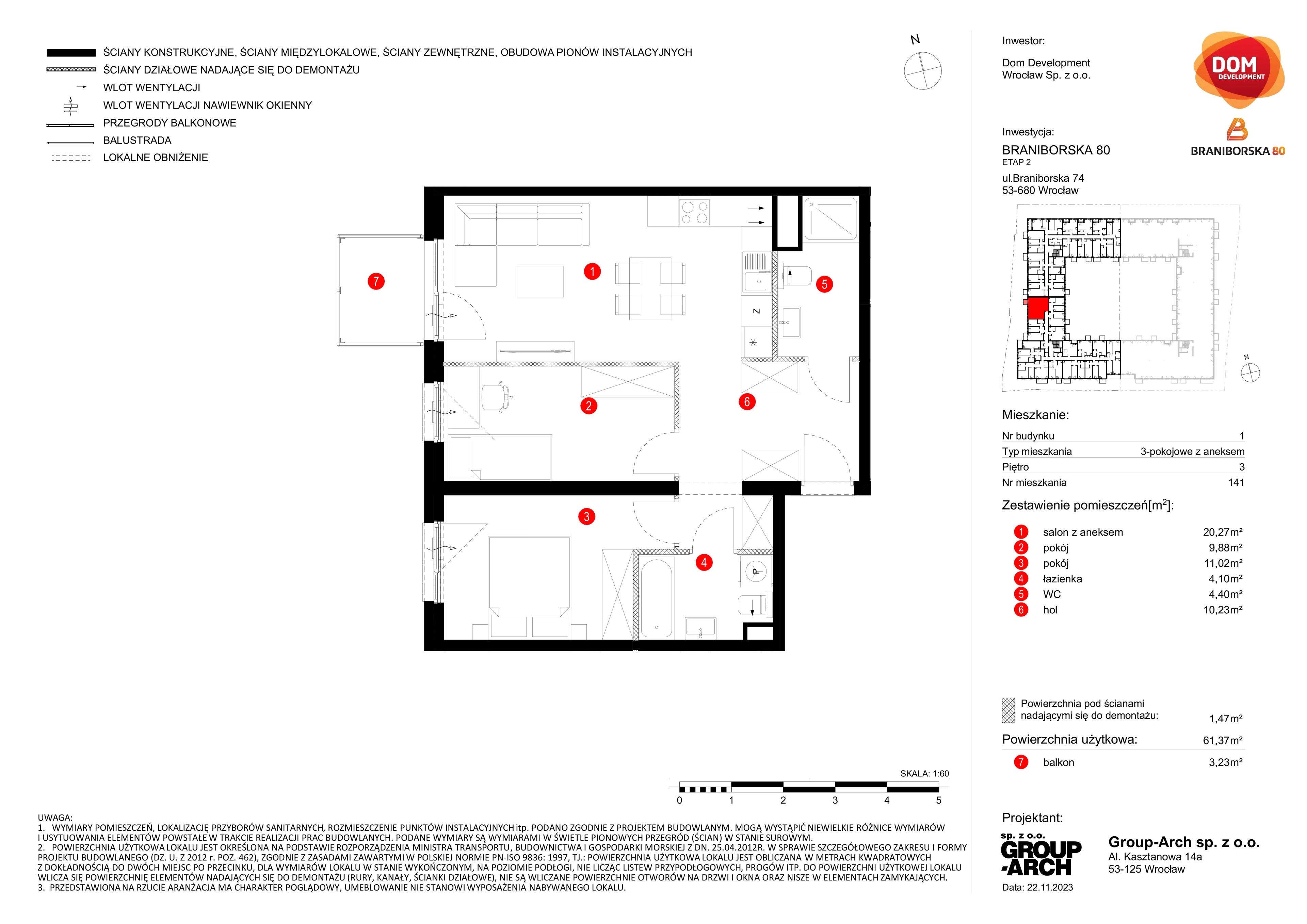 Mieszkanie 61,37 m², piętro 3, oferta nr B/141, Braniborska 80, Wrocław, Stare Miasto, ul. Braniborska 80