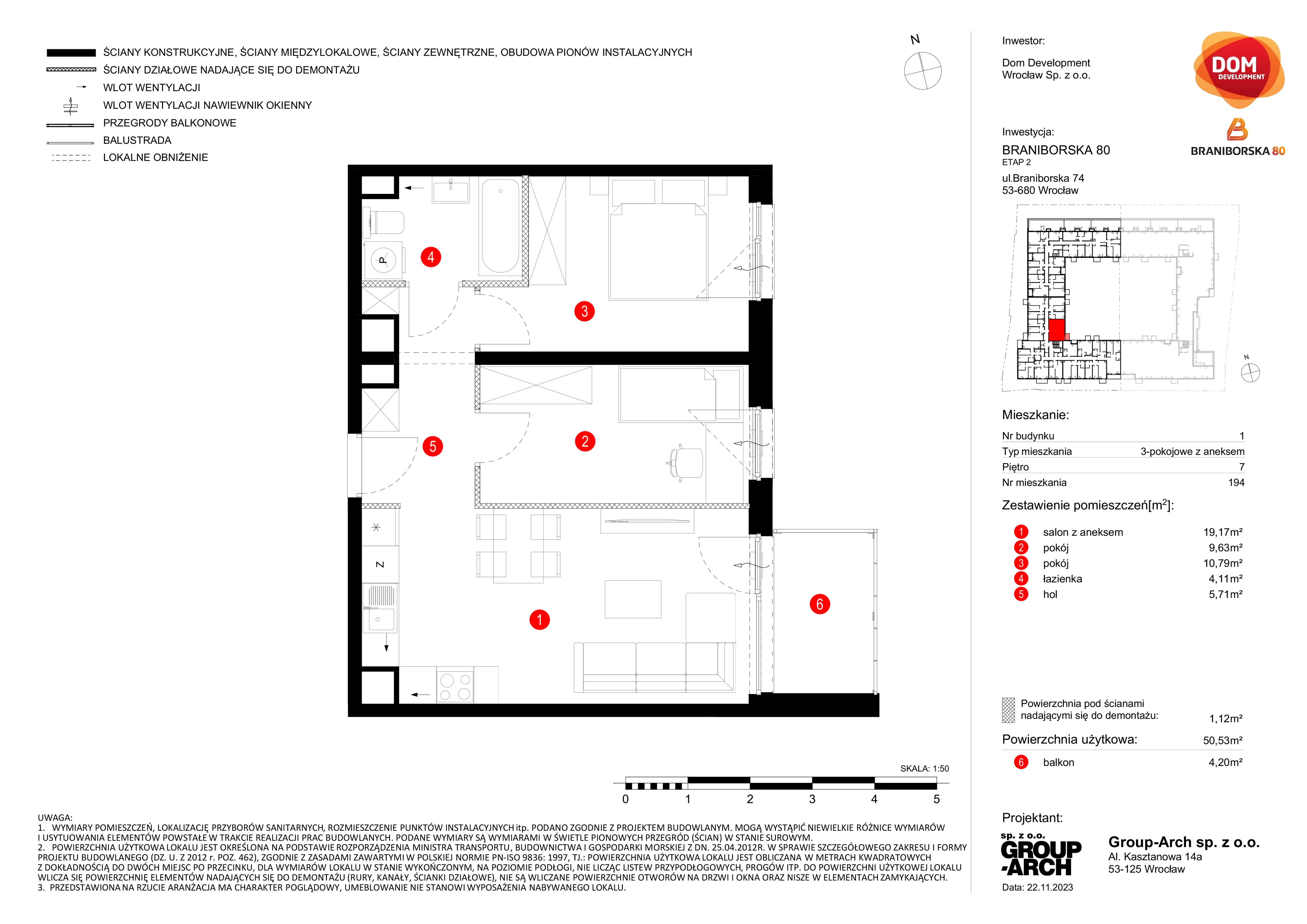 Mieszkanie 50,53 m², piętro 7, oferta nr B/194, Braniborska 80, Wrocław, Stare Miasto, ul. Braniborska 80