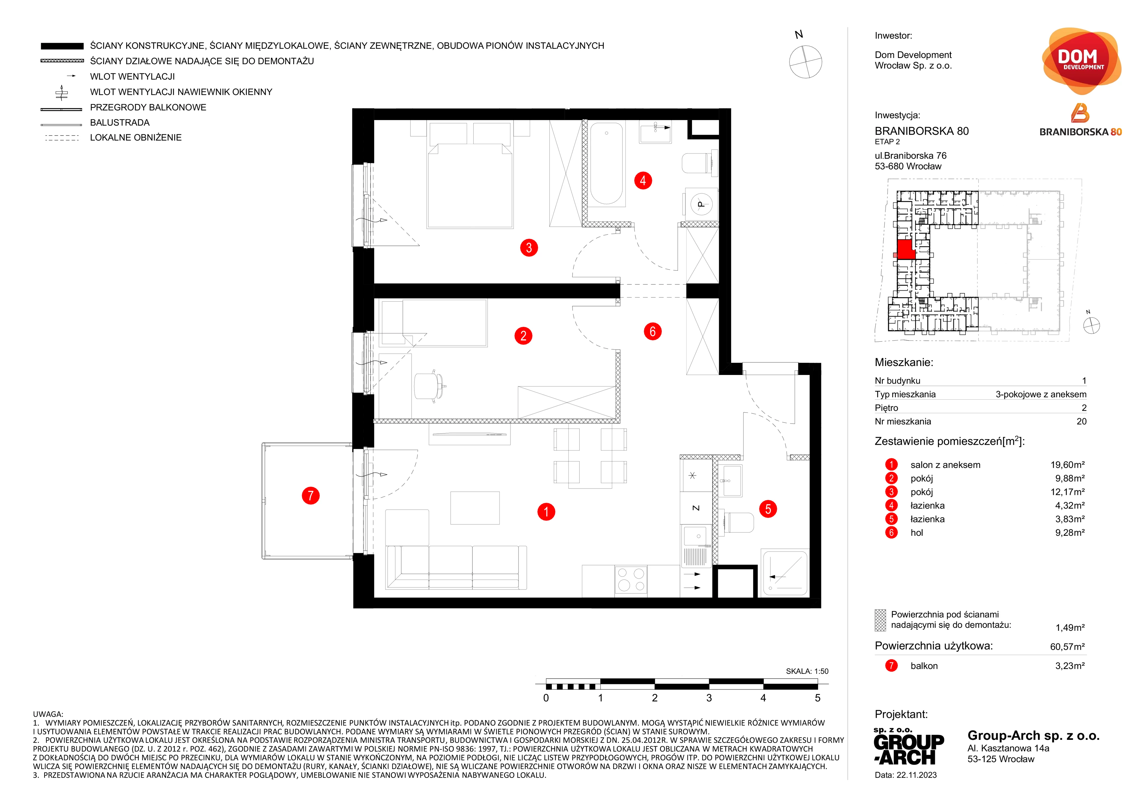 Mieszkanie 60,57 m², piętro 2, oferta nr B/20, Braniborska 80, Wrocław, Stare Miasto, ul. Braniborska 80