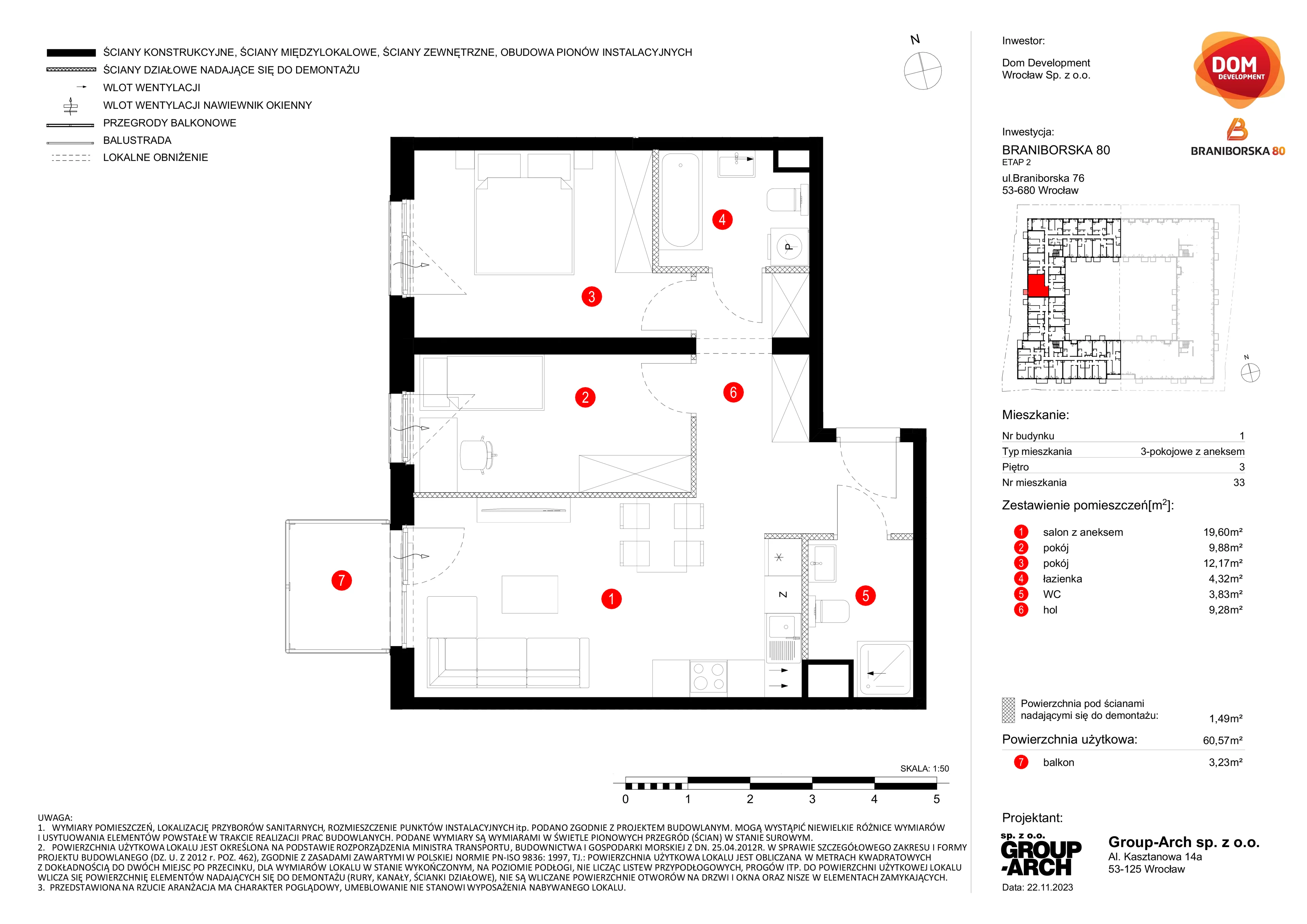 Mieszkanie 60,57 m², piętro 3, oferta nr B/33, Braniborska 80, Wrocław, Stare Miasto, ul. Braniborska 80