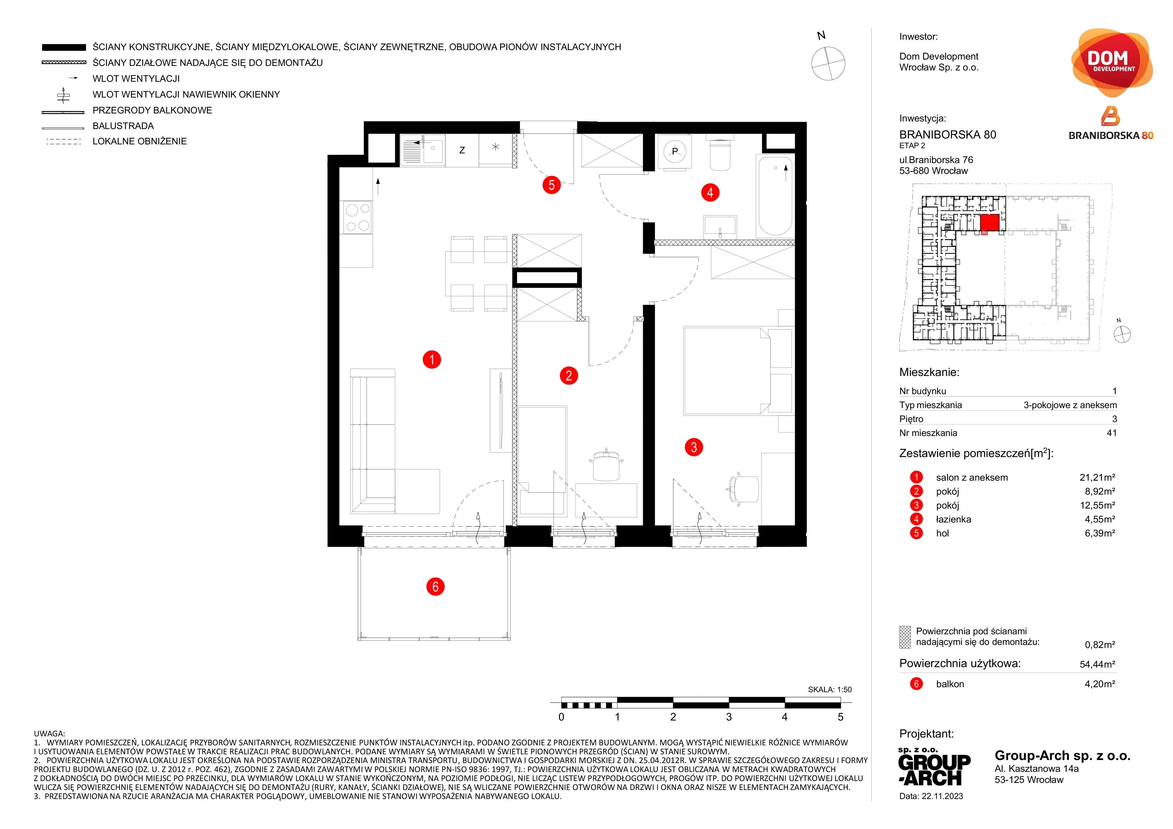 Mieszkanie 54,44 m², piętro 3, oferta nr B/41, Braniborska 80, Wrocław, Stare Miasto, ul. Braniborska 80