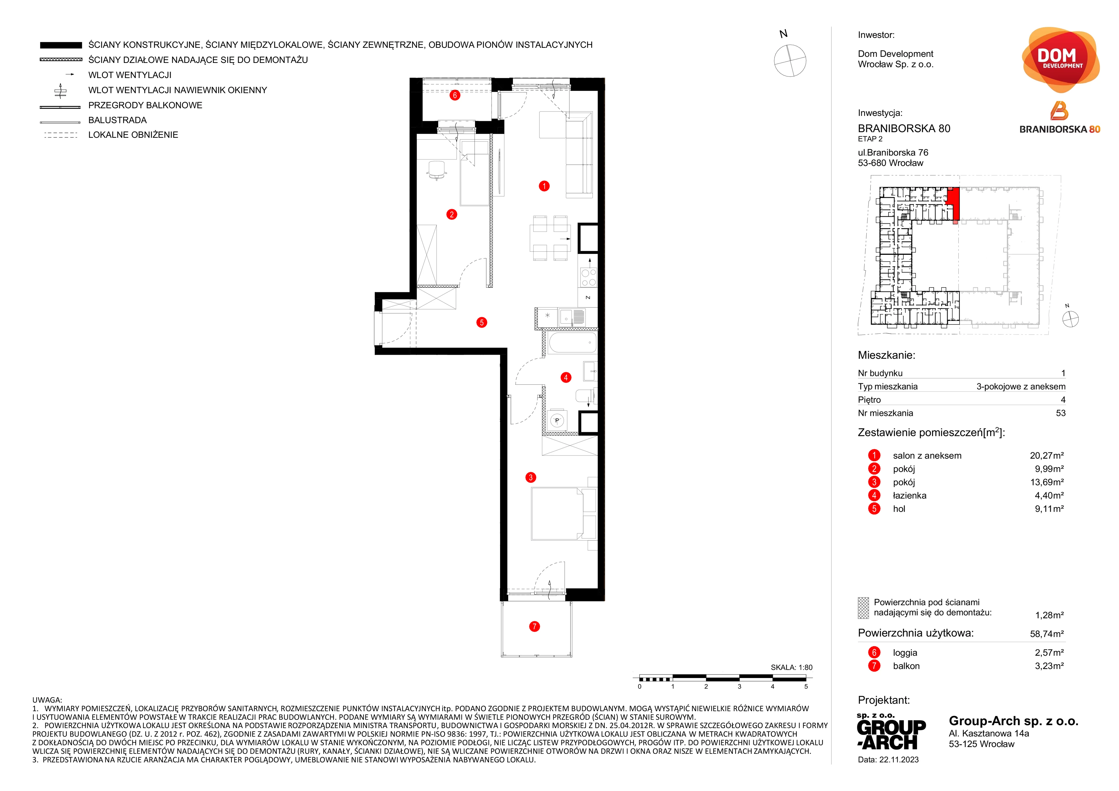 Mieszkanie 58,74 m², piętro 4, oferta nr B/53, Braniborska 80, Wrocław, Stare Miasto, ul. Braniborska 80