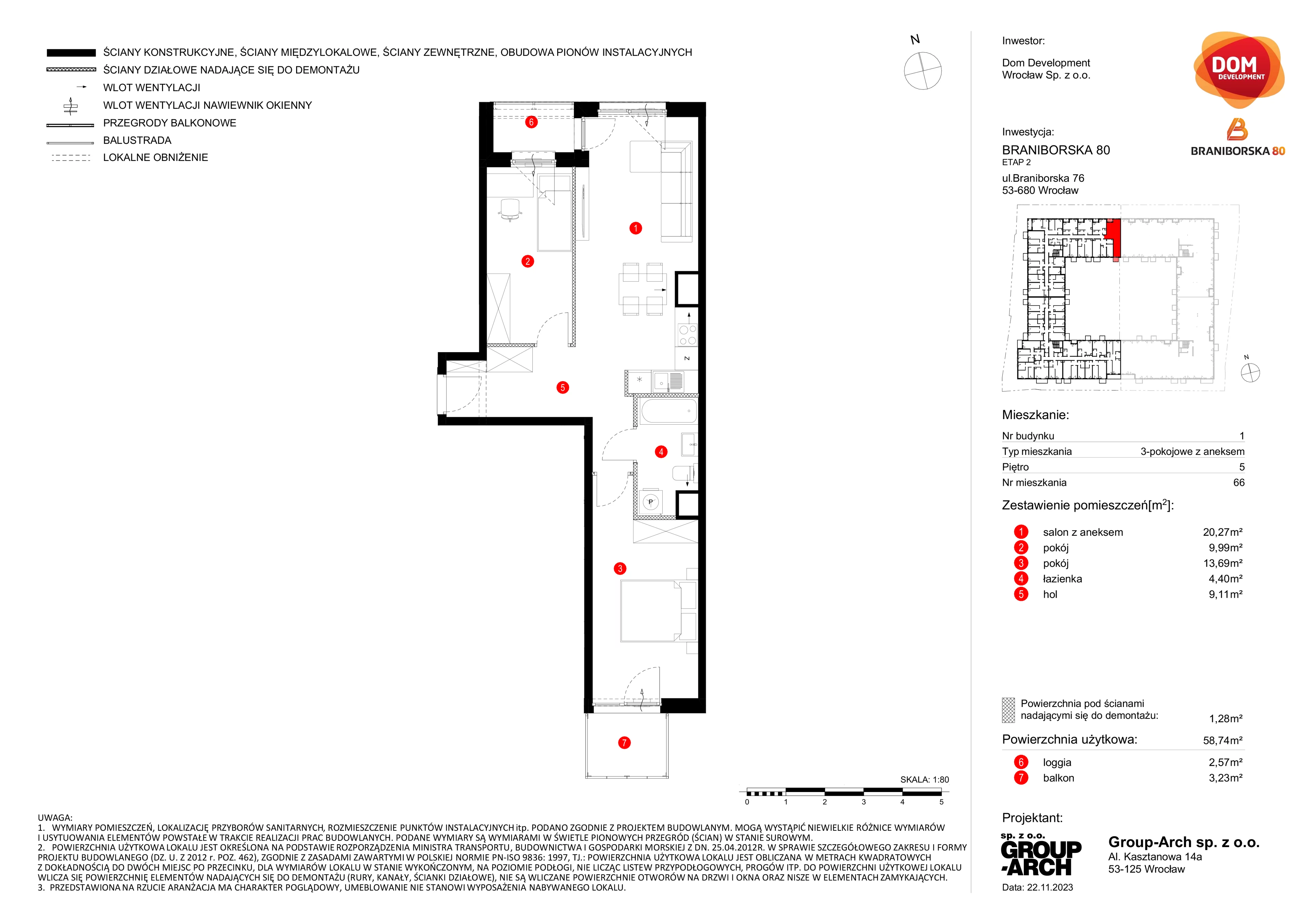 Mieszkanie 58,74 m², piętro 5, oferta nr B/66, Braniborska 80, Wrocław, Stare Miasto, ul. Braniborska 80-idx