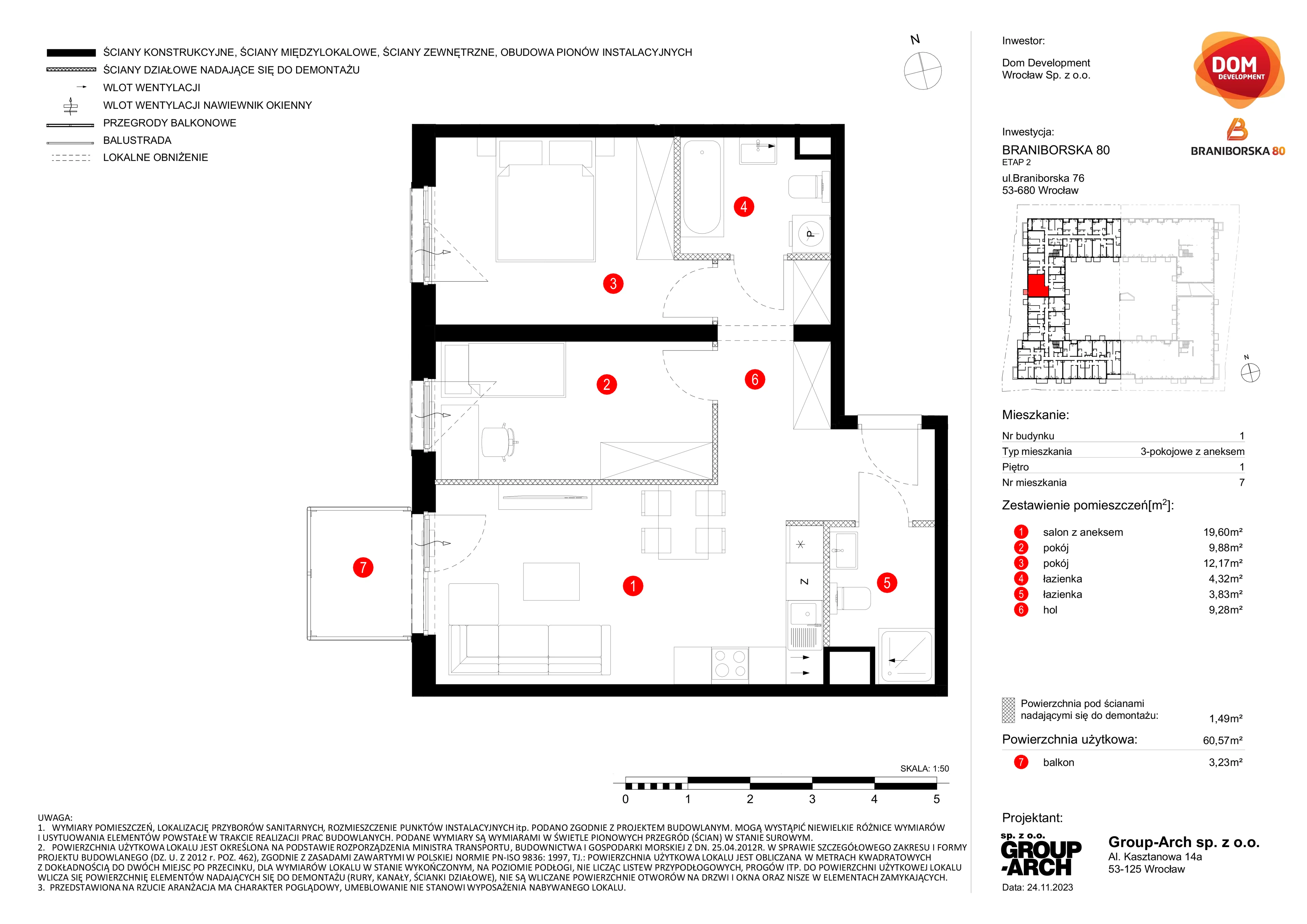 Mieszkanie 60,57 m², piętro 1, oferta nr B/7, Braniborska 80, Wrocław, Stare Miasto, ul. Braniborska 80