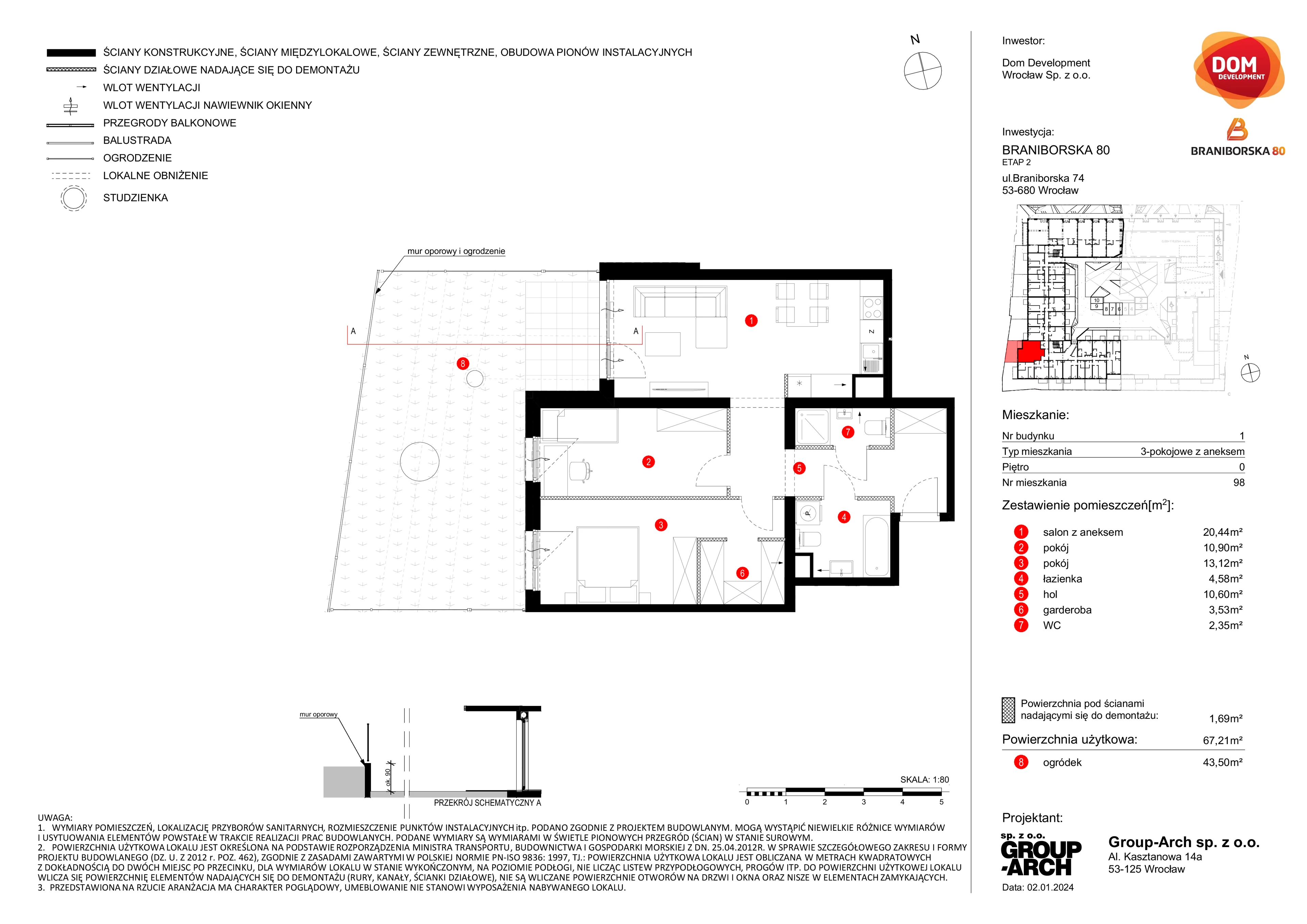 Mieszkanie 67,21 m², parter, oferta nr B/98, Braniborska 80, Wrocław, Stare Miasto, ul. Braniborska 80