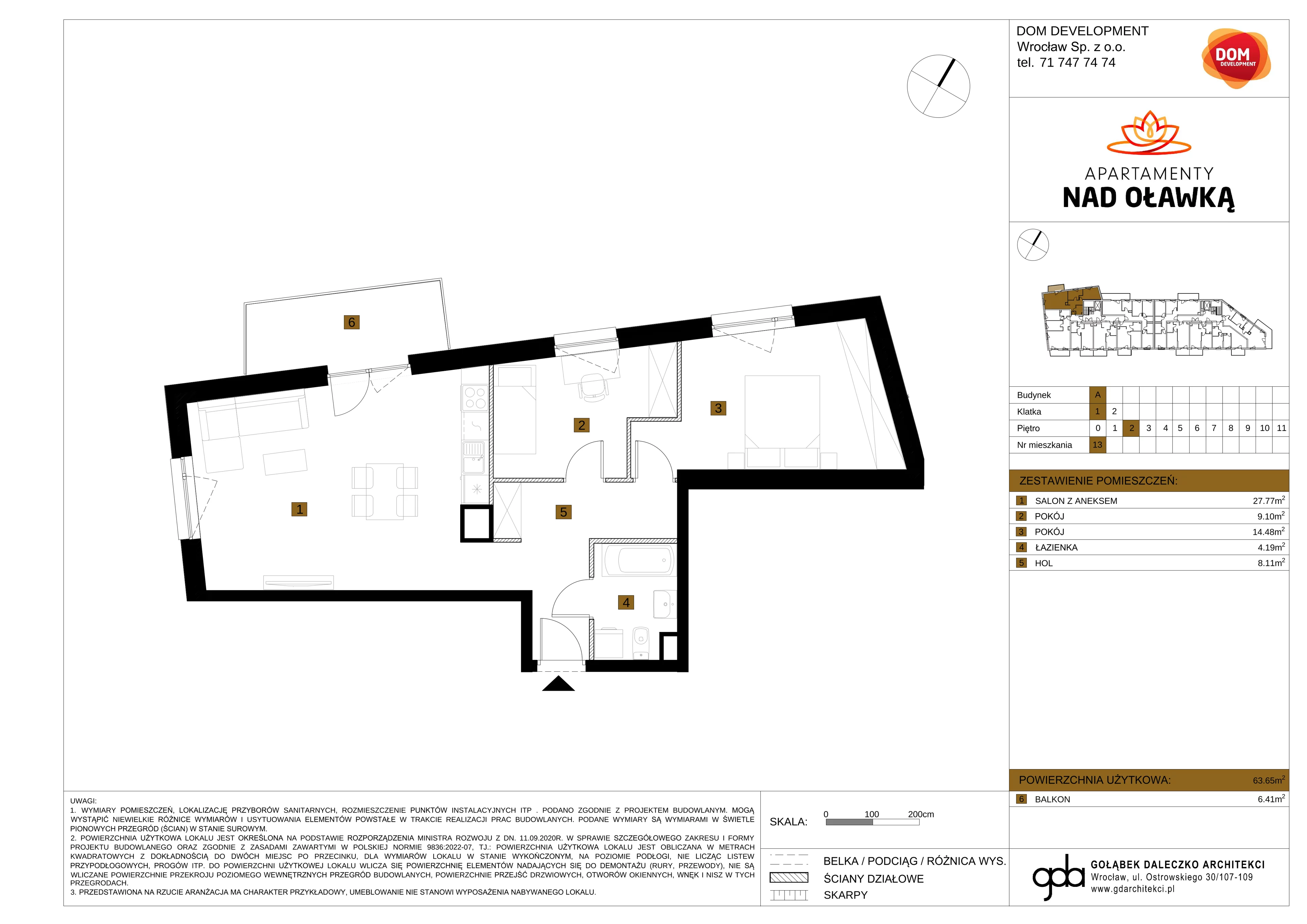 3 pokoje, mieszkanie 63,65 m², piętro 2, oferta nr A/13, Apartamenty nad Oławką, Wrocław, Przedmieście Oławskie, Krzyki, ul. Krakowska 98