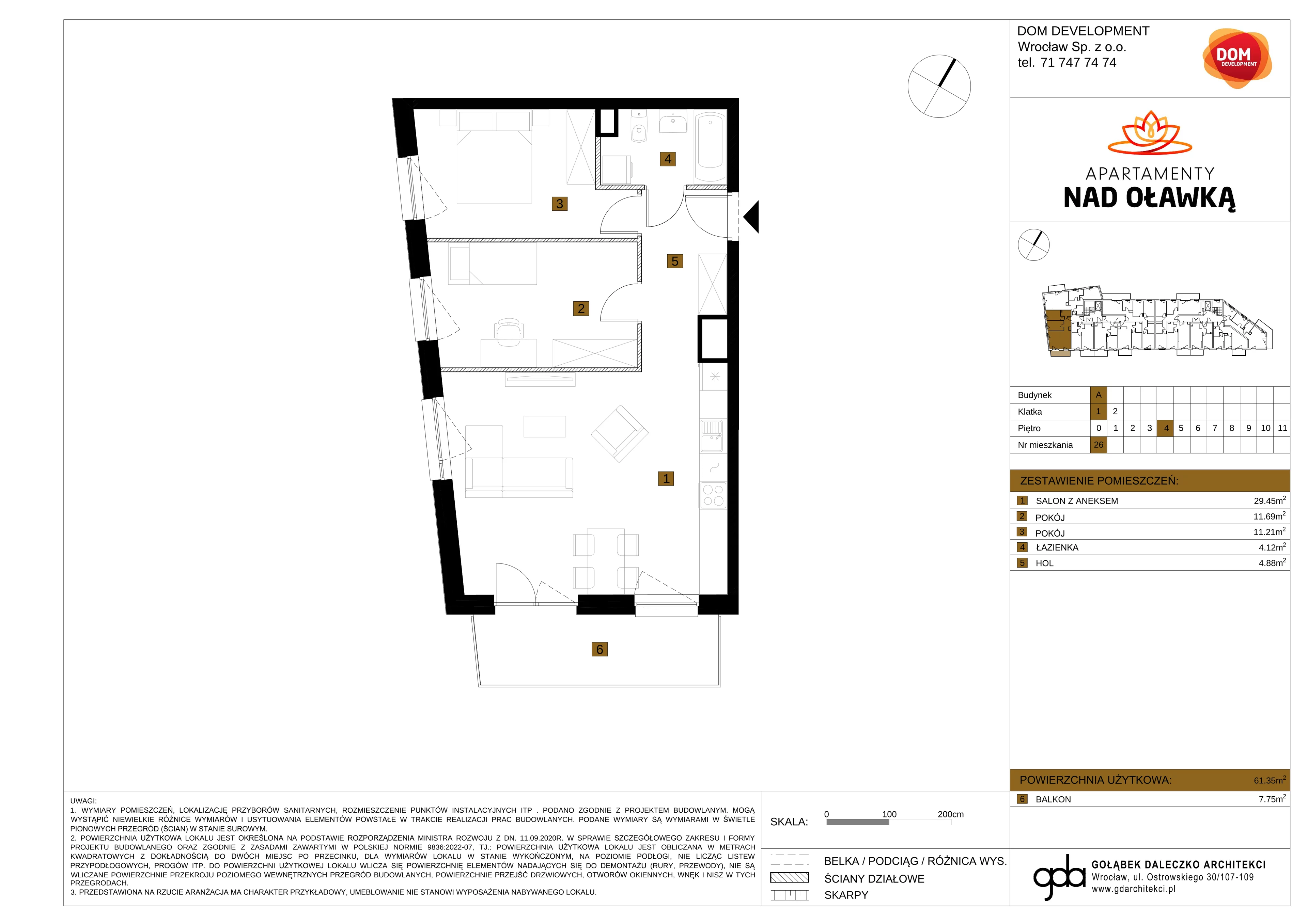 3 pokoje, mieszkanie 61,35 m², piętro 4, oferta nr A/26, Apartamenty nad Oławką, Wrocław, Przedmieście Oławskie, Krzyki, ul. Krakowska 98