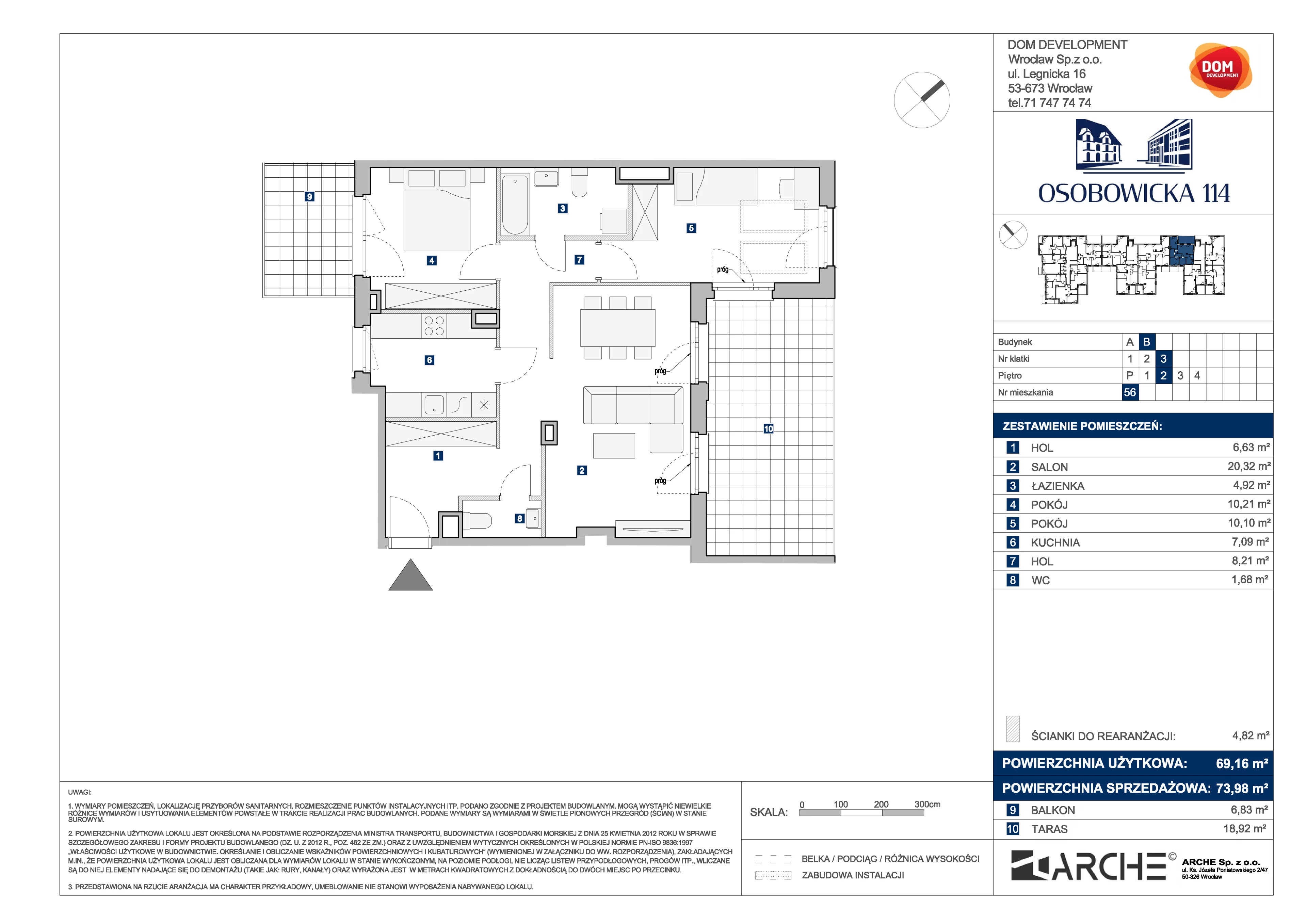 3 pokoje, mieszkanie 73,98 m², piętro 2, oferta nr B/56, Osobowicka 114, Wrocław, Osobowice-Rędzin, Fabryczna, ul. Osobowicka 114