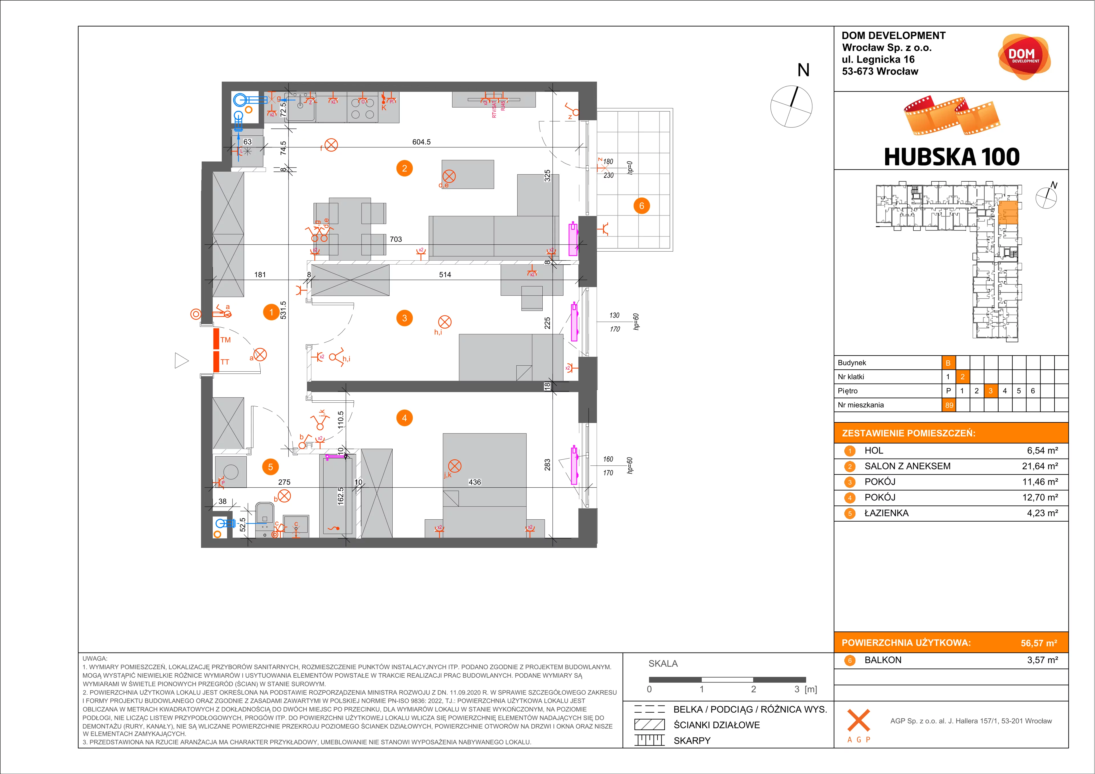 3 pokoje, mieszkanie 56,57 m², piętro 3, oferta nr B/89, Hubska 100, Wrocław, Huby, Krzyki, ul. Paczkowska