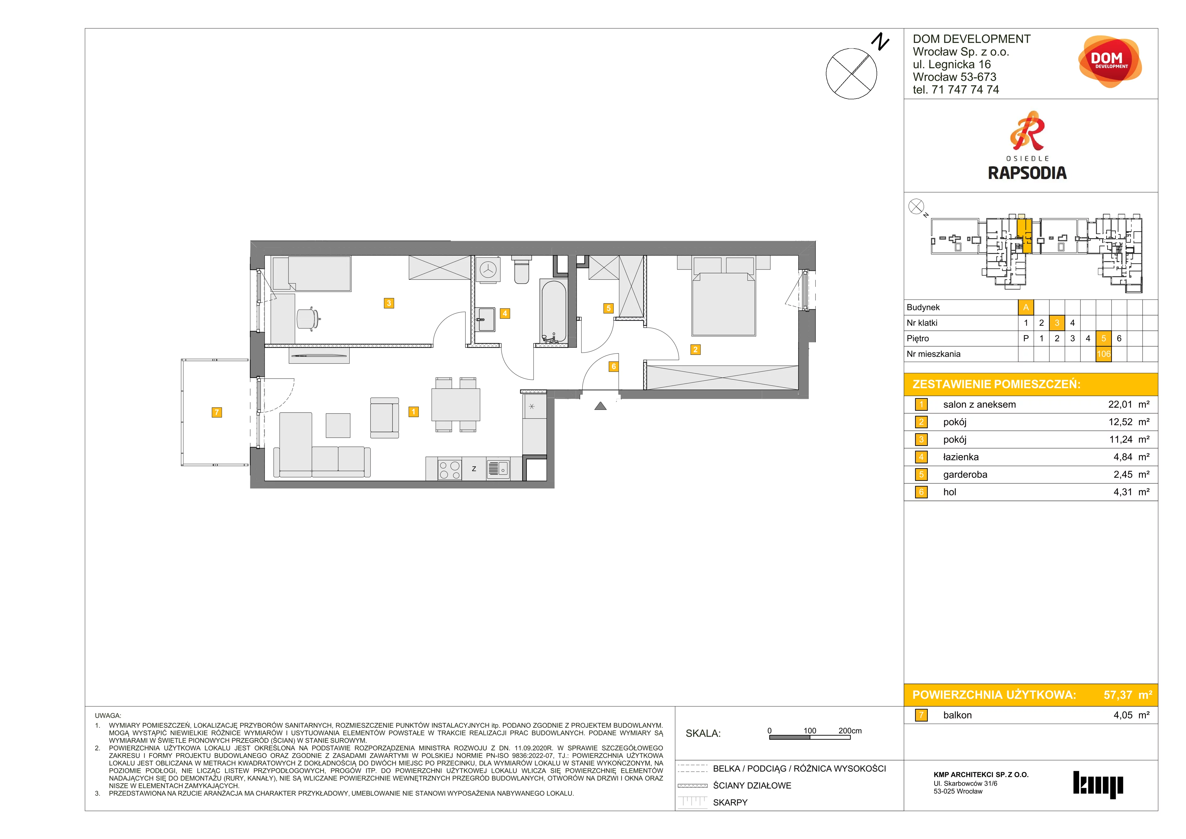 Mieszkanie 57,37 m², piętro 5, oferta nr A/106, Osiedle Rapsodia, Wrocław, Karłowice-Różanka, Różanka, ul. Wołowska 5