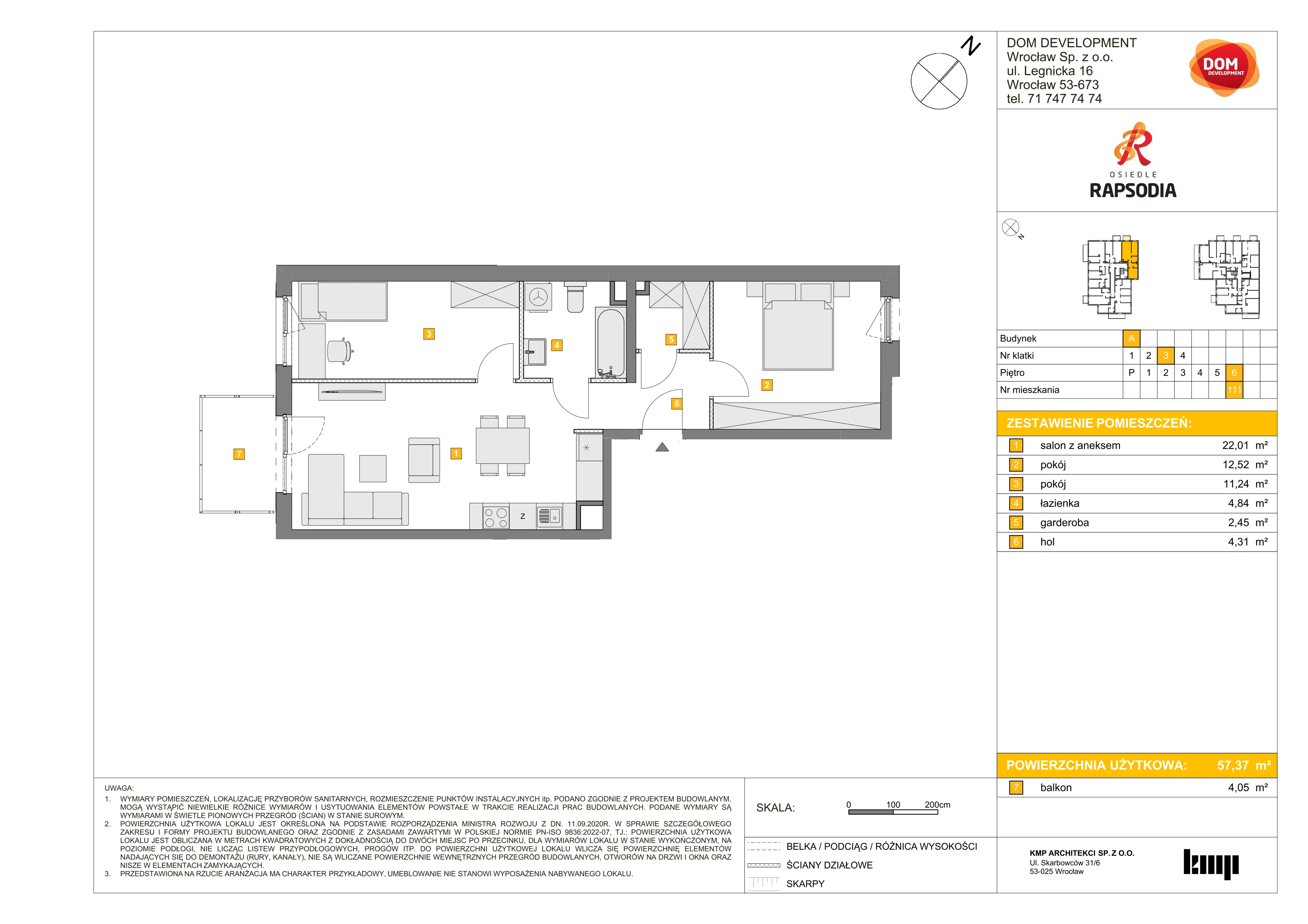 Mieszkanie 57,37 m², piętro 6, oferta nr A/111, Osiedle Rapsodia, Wrocław, Karłowice-Różanka, Różanka, ul. Wołowska 5