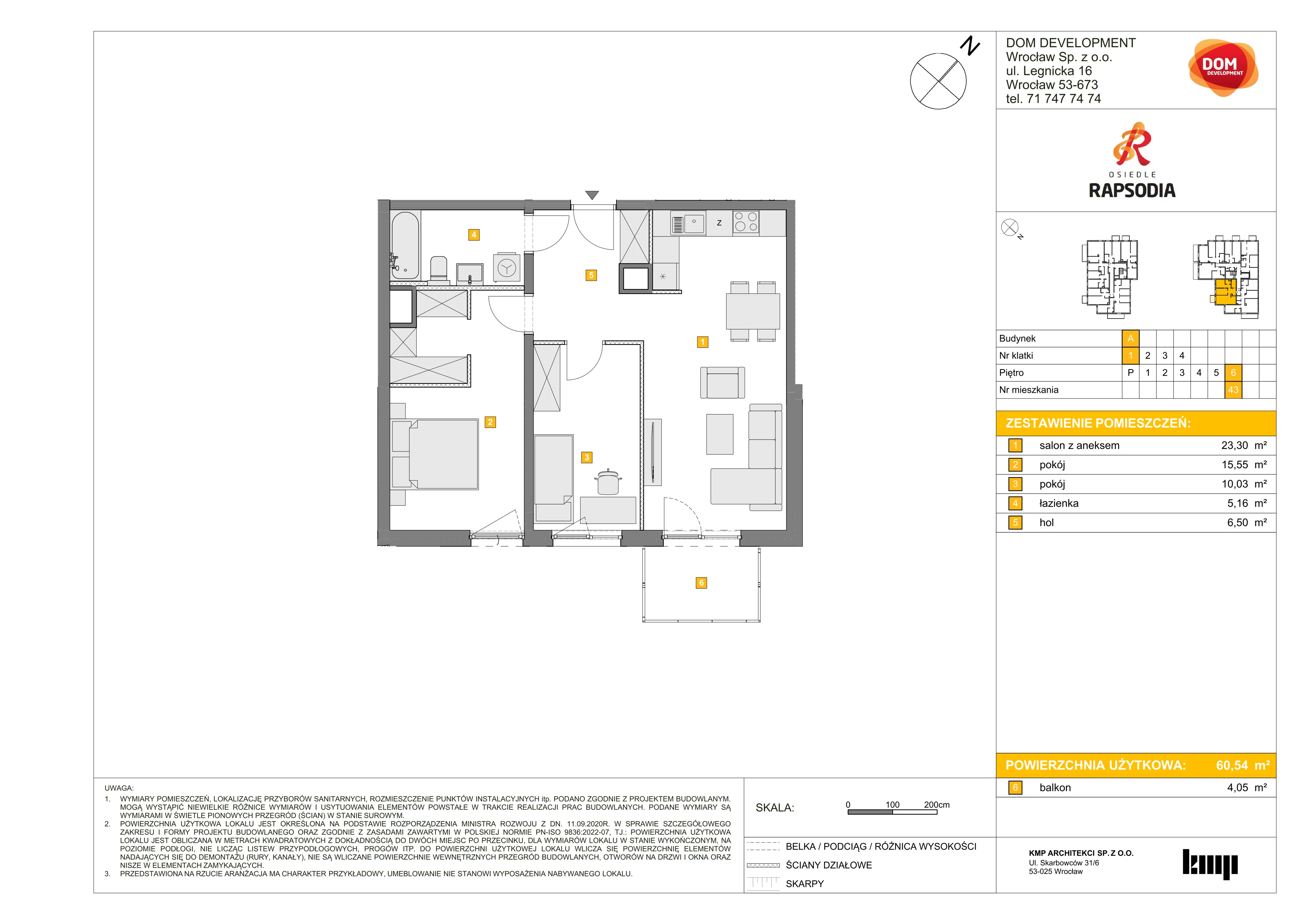 Mieszkanie 60,54 m², piętro 6, oferta nr A/43, Osiedle Rapsodia, Wrocław, Karłowice-Różanka, Różanka, ul. Wołowska 5